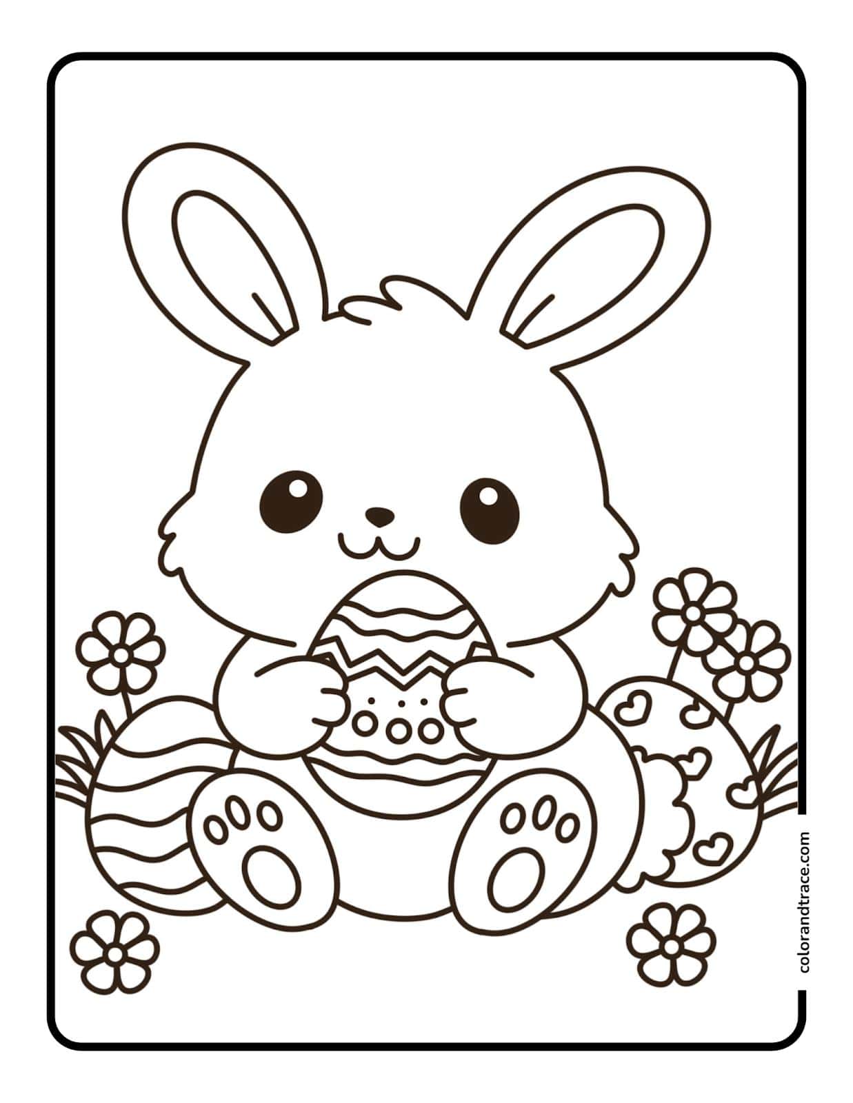 Preview of a printable Easter bunny coloring page with eggs