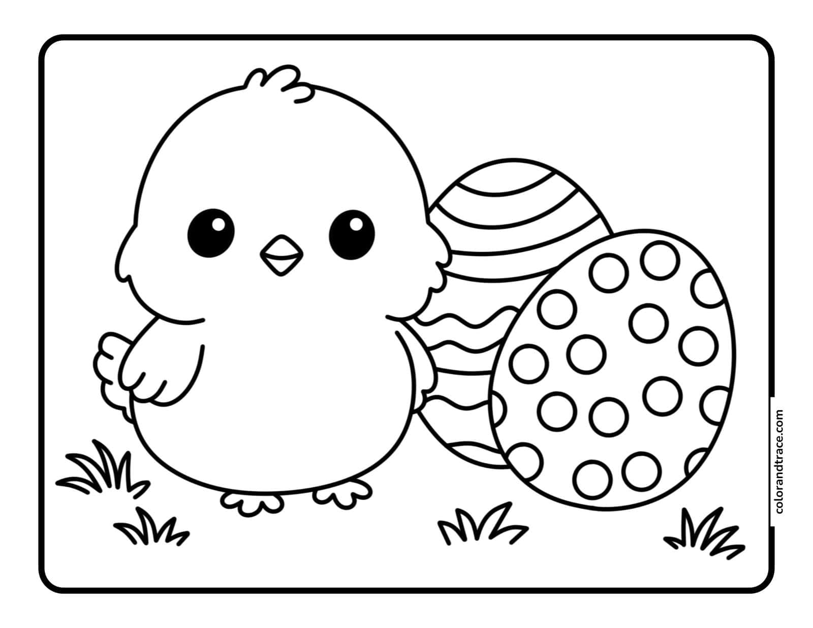 Preview of the coloring page: a cute chick with Easter eggs ready to color