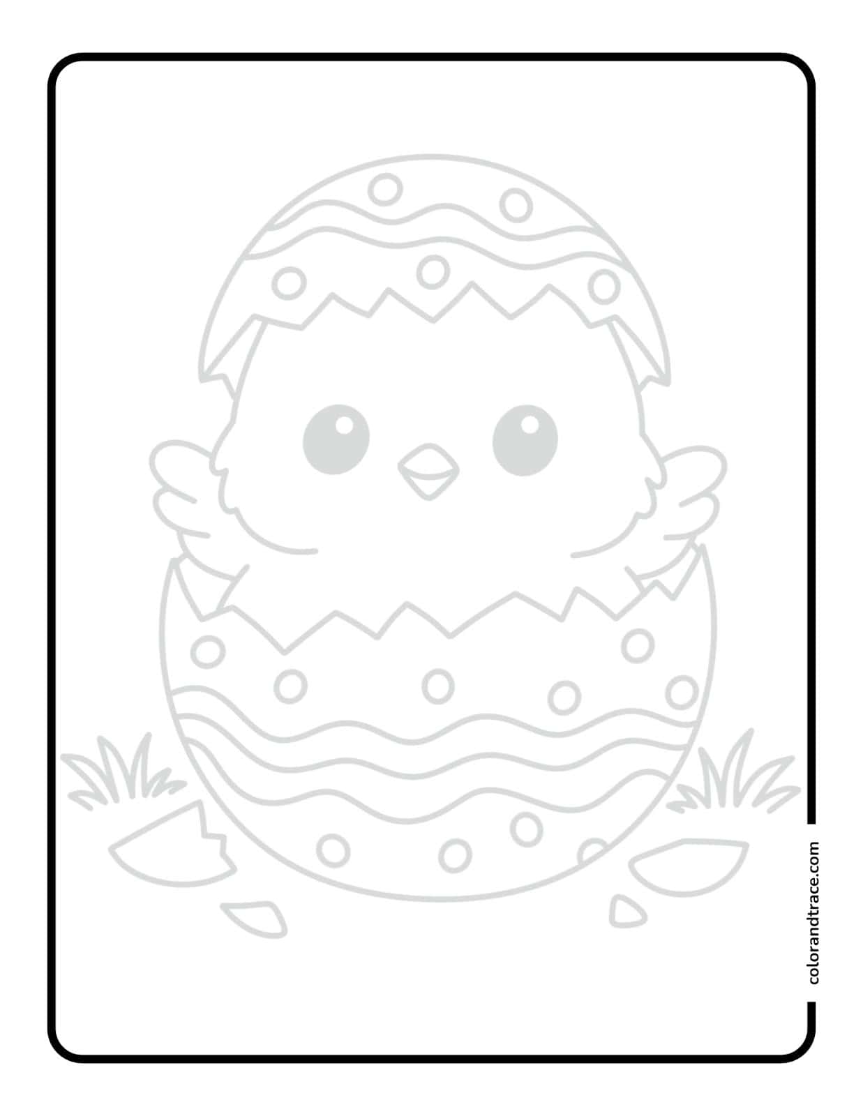 Preview of a printable tracing page showing an Easter chick hatching from a cracked egg