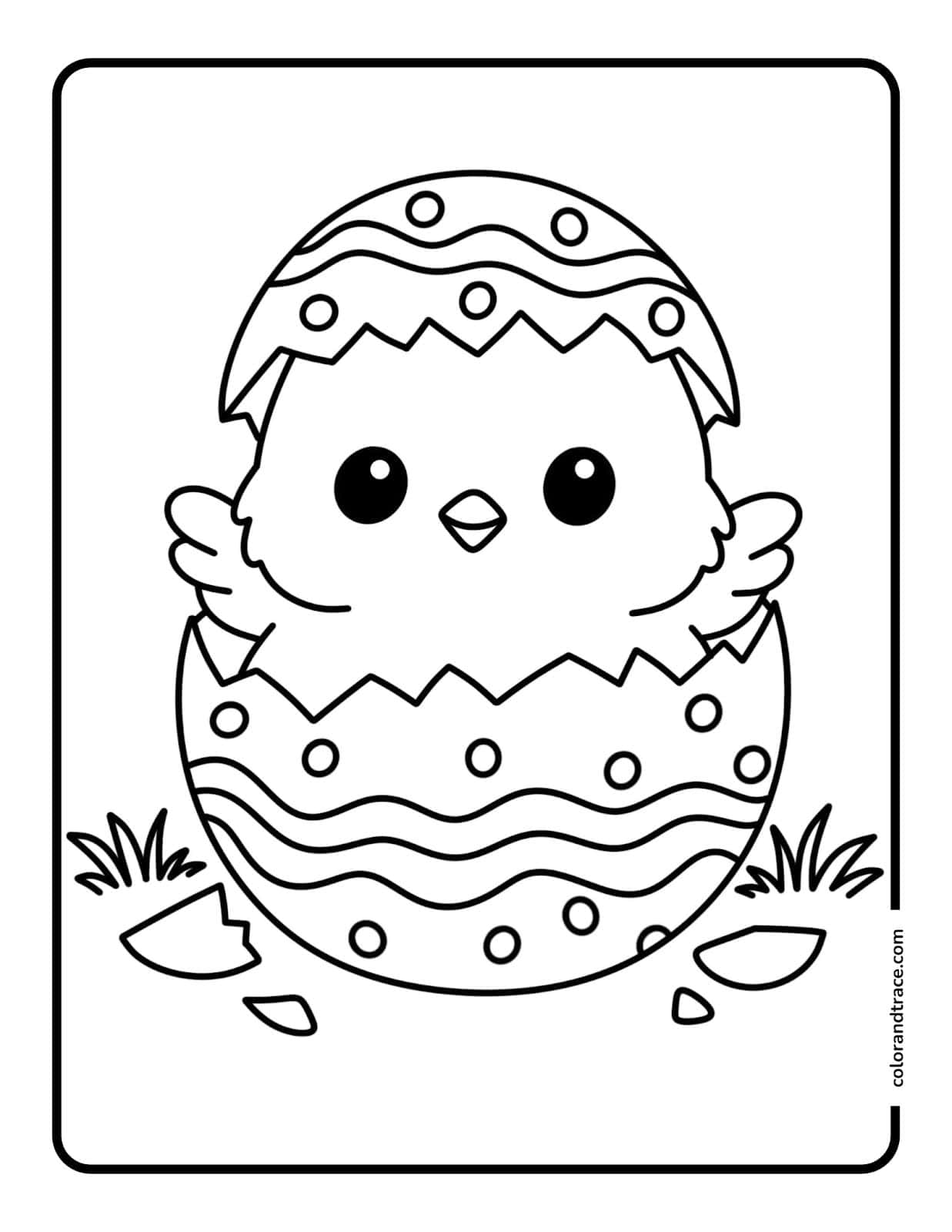 Preview of a printable coloring page featuring a cute chick hatching from an Easter egg.