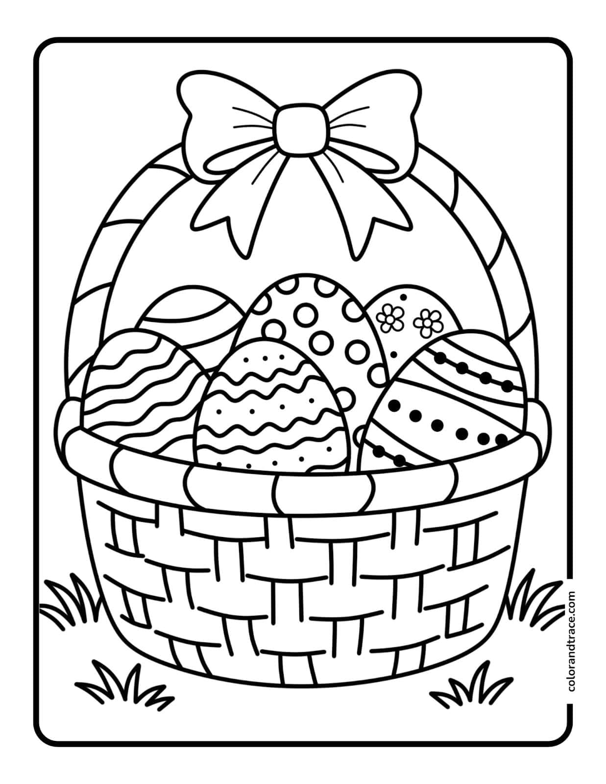 Preview: printable Easter Basket coloring page with a basket of decorated eggs and a big bow.