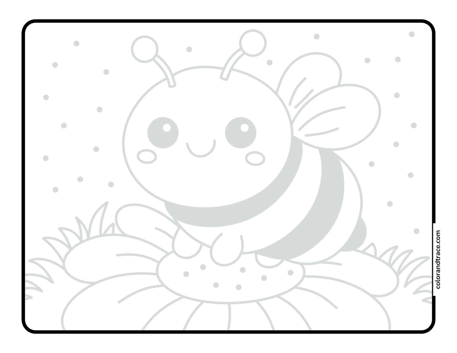 Preview of a free printable bumblebee coloring page with a bee on a flower and rounded border