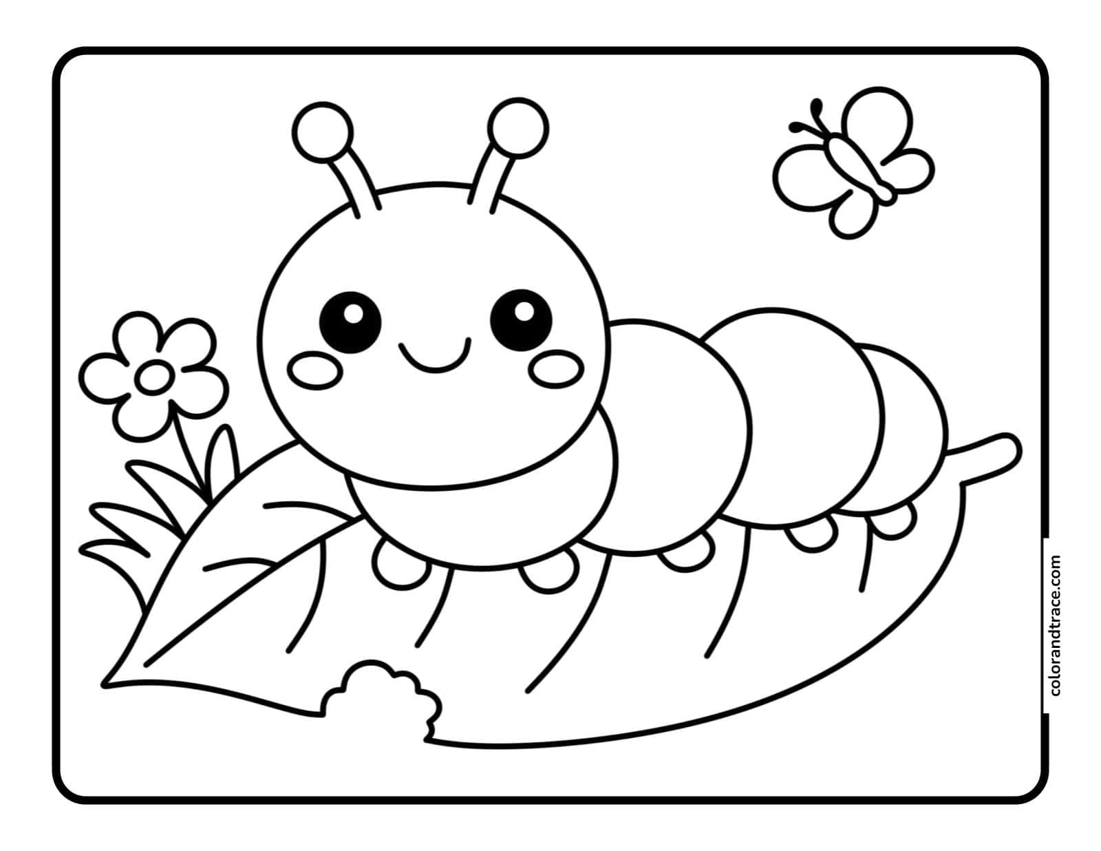 Preview of a printable caterpillar coloring page with a leaf and butterfly