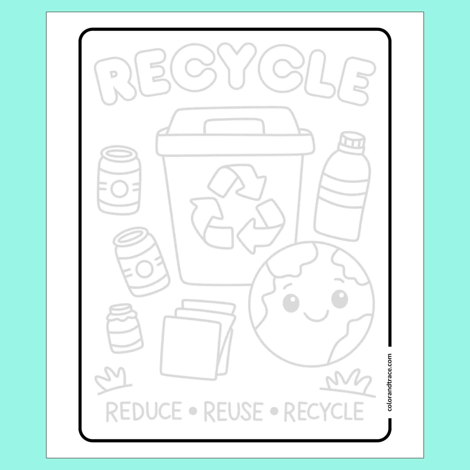 Recycling tracing page featuring globe, recycling bin, bottles, cans, and leaves for Earth Day