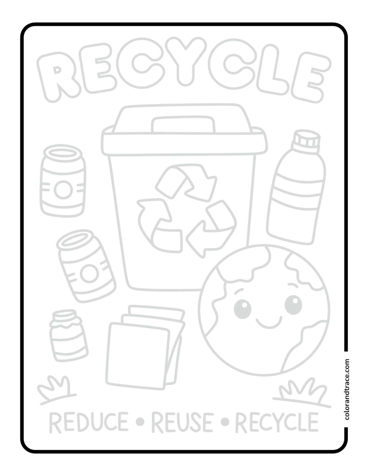 Preview of a single-page recycling tracing worksheet with bin, Earth, bottle, cans, and paper icons