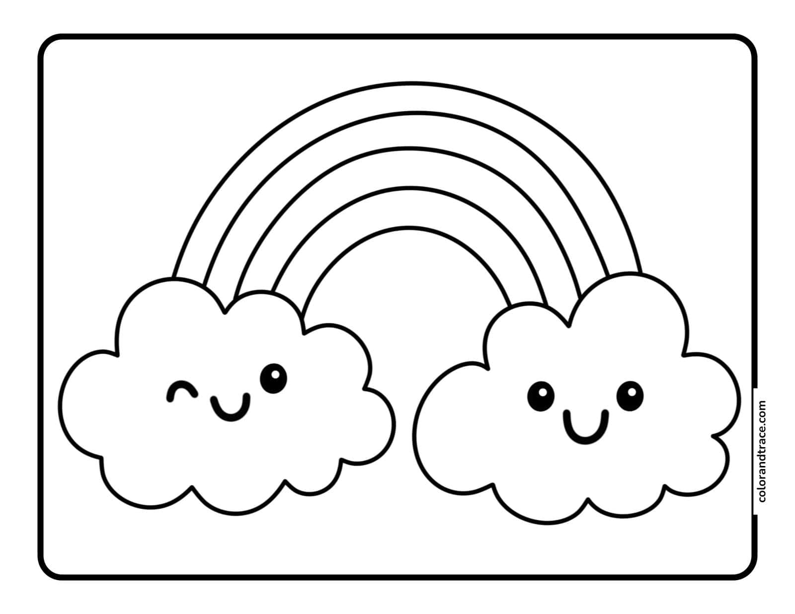 Preview of a printable rainbow coloring page featuring cheerful clouds.