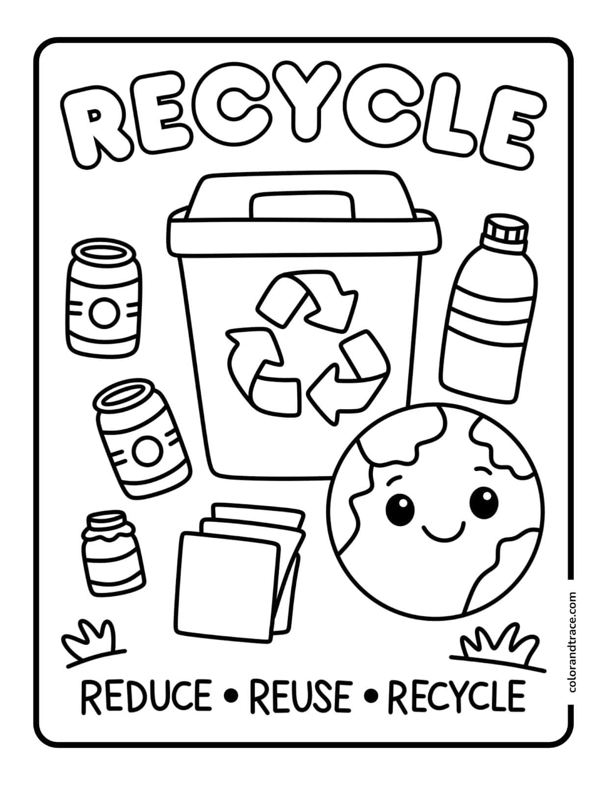 Preview of a printable coloring page showing Earth, recycling bin and recyclables to color