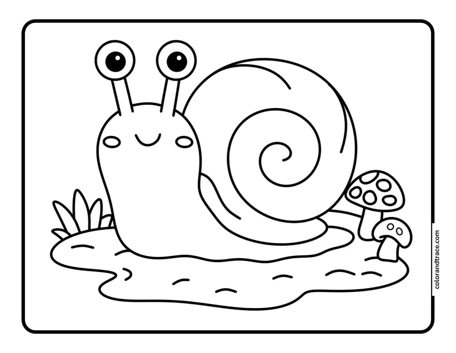 Preview of a free printable snail coloring page with a friendly snail, mushrooms, and simple open shapes.