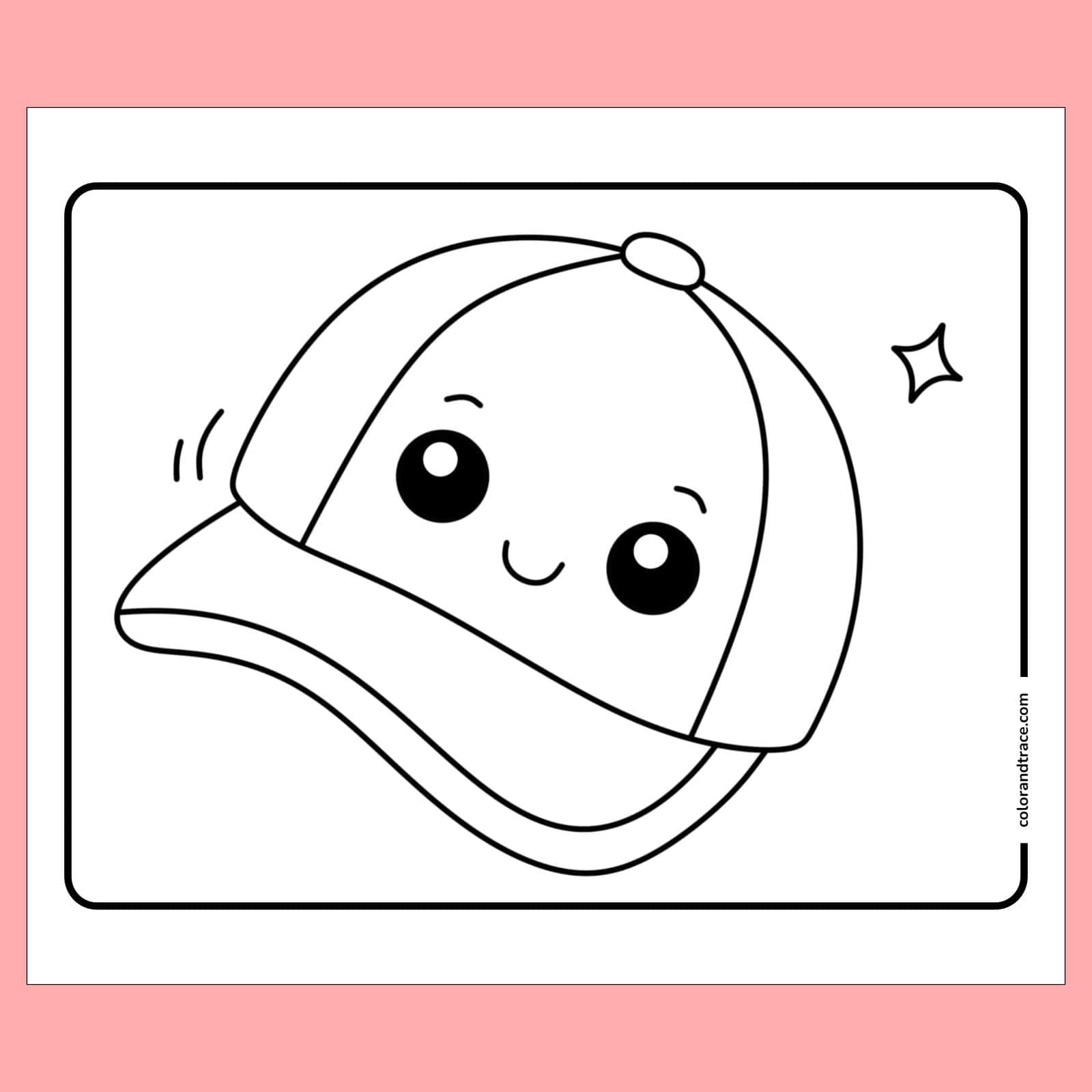 coloring page on a pale pink background: Cute smiling cartoon baseball cap with big round eyes and a curved brim inside a bordered coloring page, centered on a pale pink background.