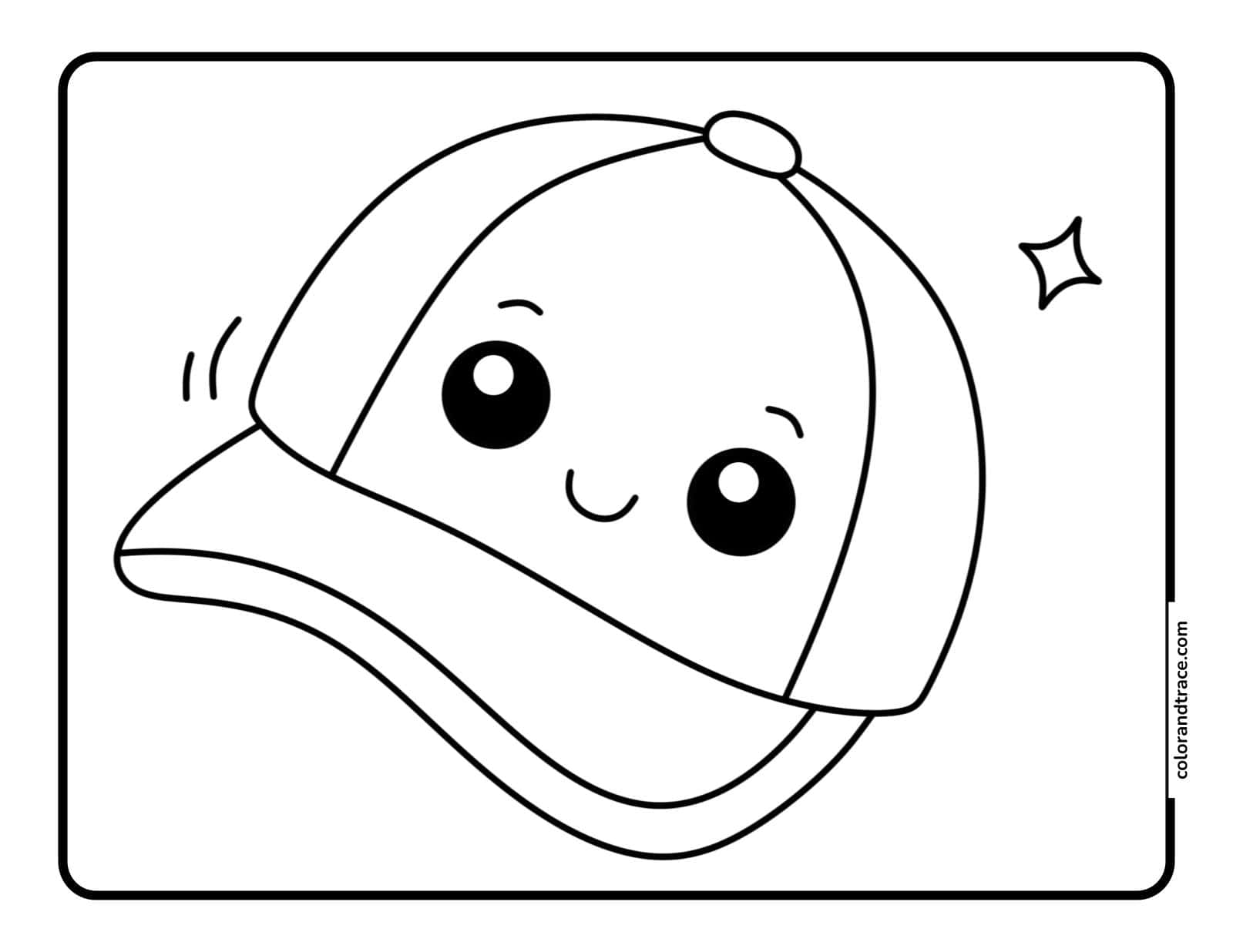 Cute smiling cartoon baseball cap with big round eyes and a curved brim inside a bordered coloring page, centered on a pale pink background.