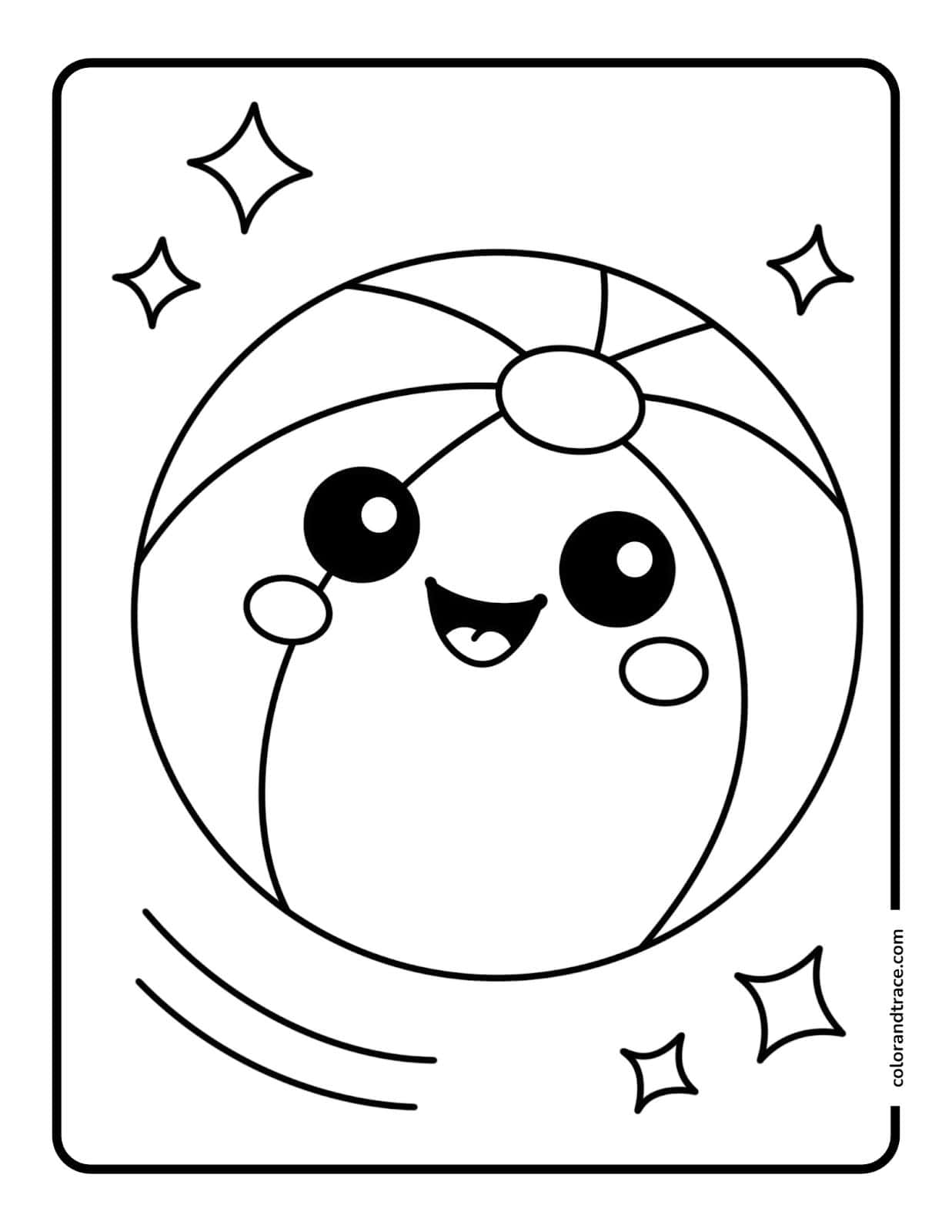 A large smiling kawaii beach ball with big eyes and rosy cheeks centered inside a rounded rectangle frame with sparkles and motion lines for coloring.