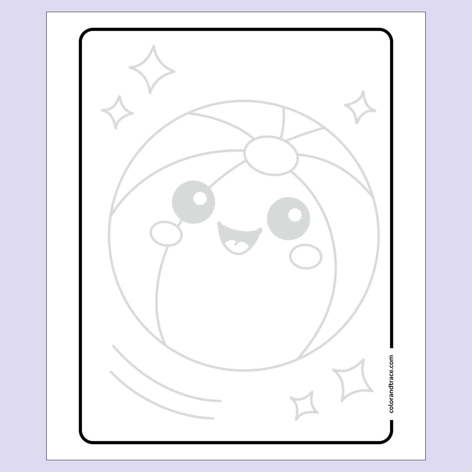 Preview of kawaii beach ball tracing page with rounded border showing a smiling ball, motion lines, and sparkles for kids.