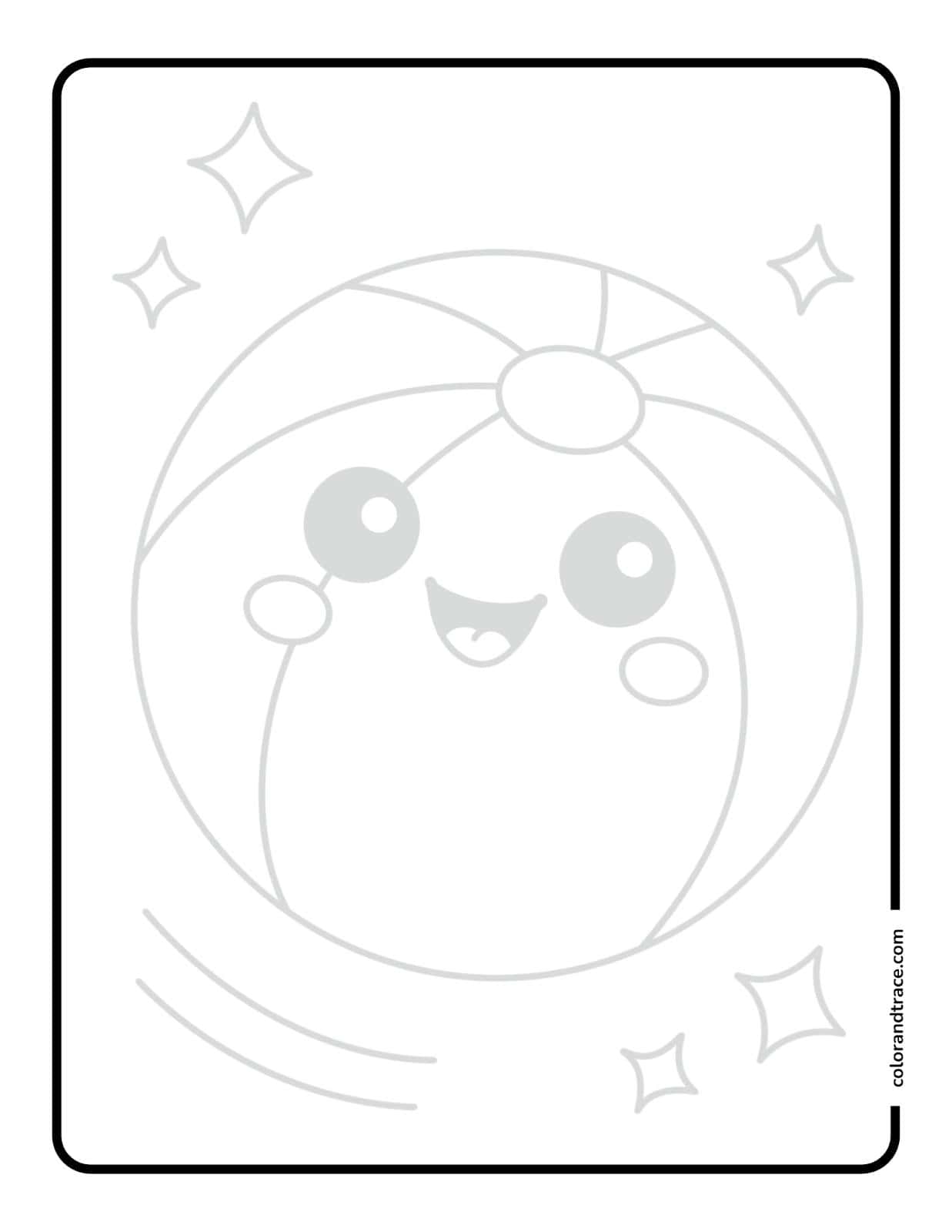 Kawaii beach ball tracing page with rounded border showing a smiling ball, motion lines, and sparkles for kids.