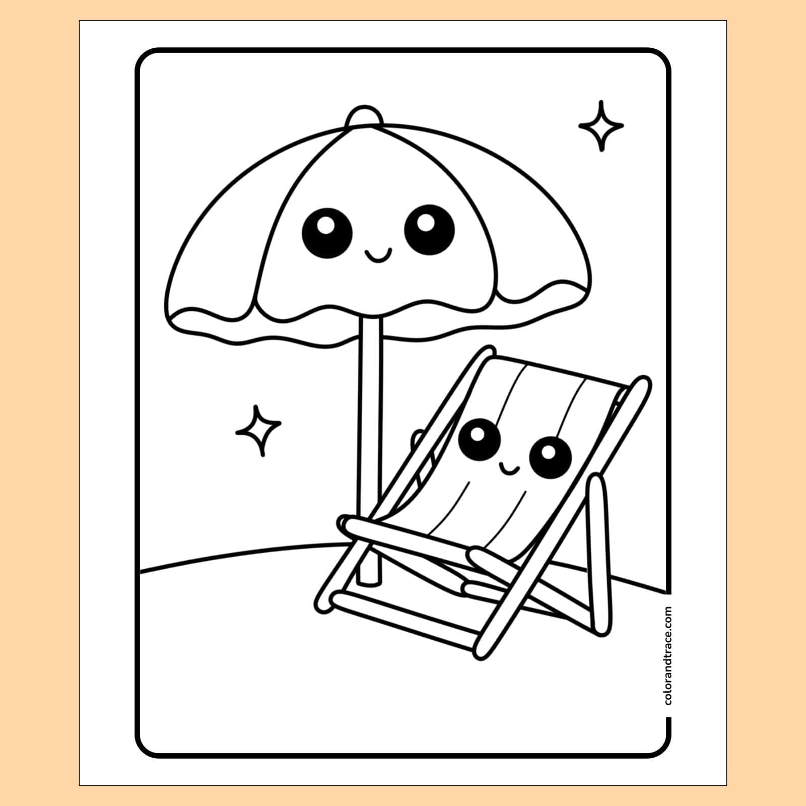 coloring page on a peach background: Kawaii beach scene coloring page with a smiling umbrella and matching deck chair inside a rounded rectangle frame, simple lines.