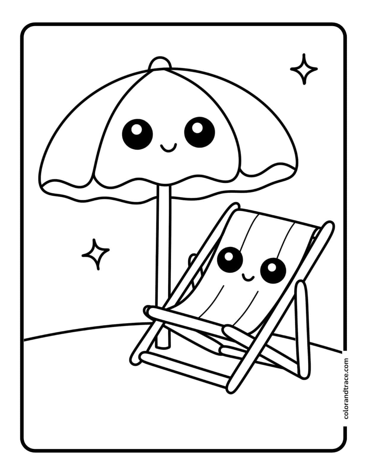 Kawaii beach scene coloring page with a smiling umbrella and matching deck chair inside a rounded rectangle frame, simple lines.