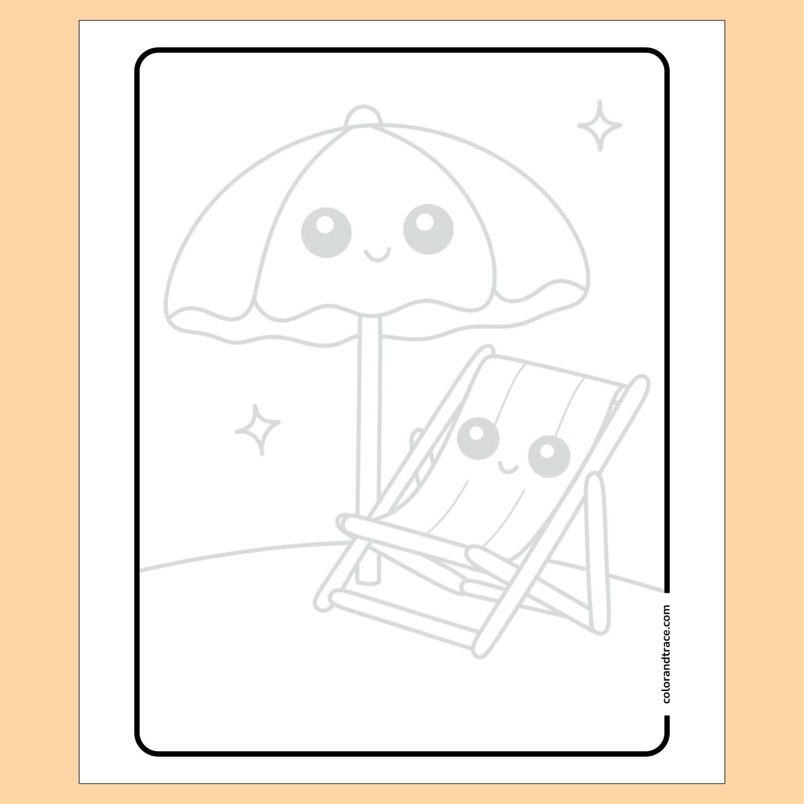 Preview of a black-and-white tracing page showing a smiling beach umbrella and a reclining deck chair with a simple border suitable for coloring, horizontal layout.