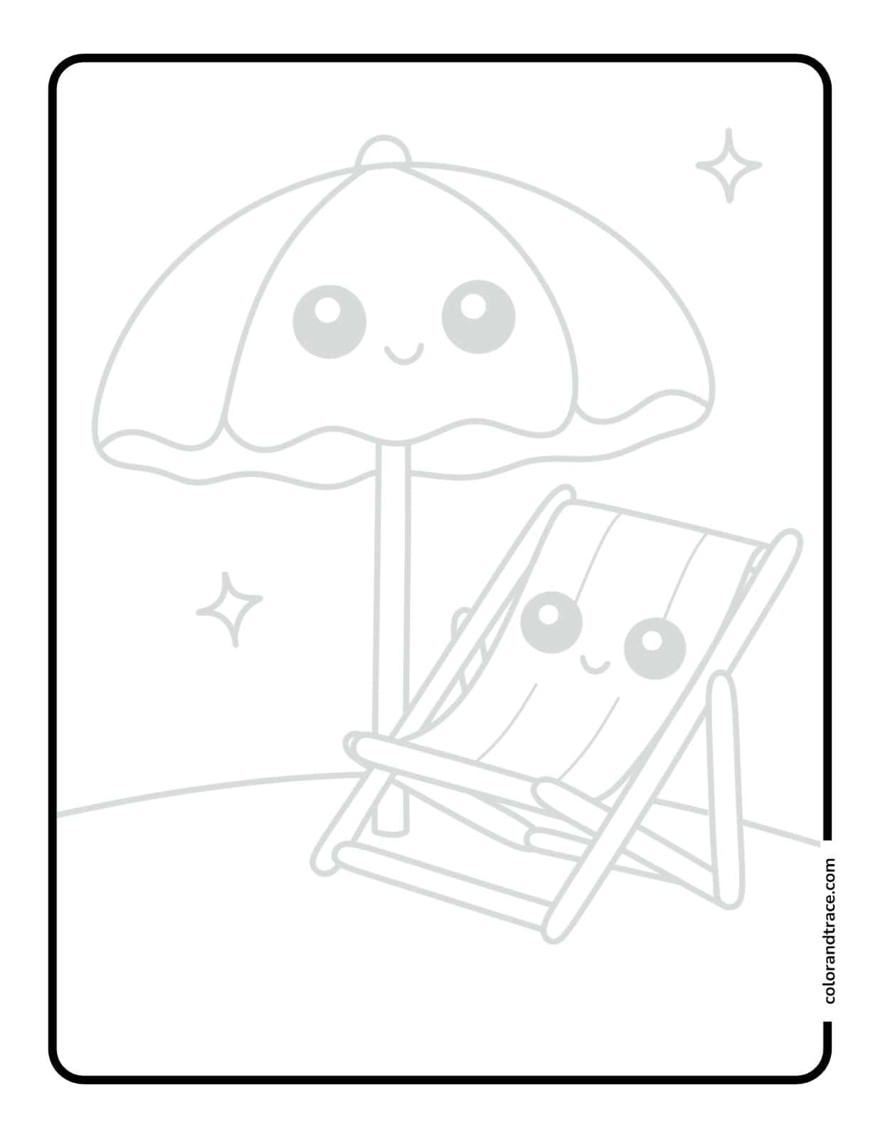 Black-and-white tracing page showing a smiling beach umbrella and a reclining deck chair with a simple border suitable for coloring, horizontal layout.