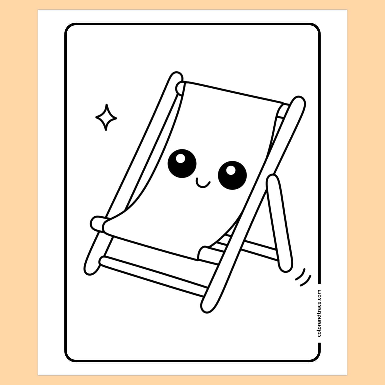 Preview of a smiling, kawaii-style beach chair with large round eyes and a small mouth on a folding frame coloring page on a peach background.