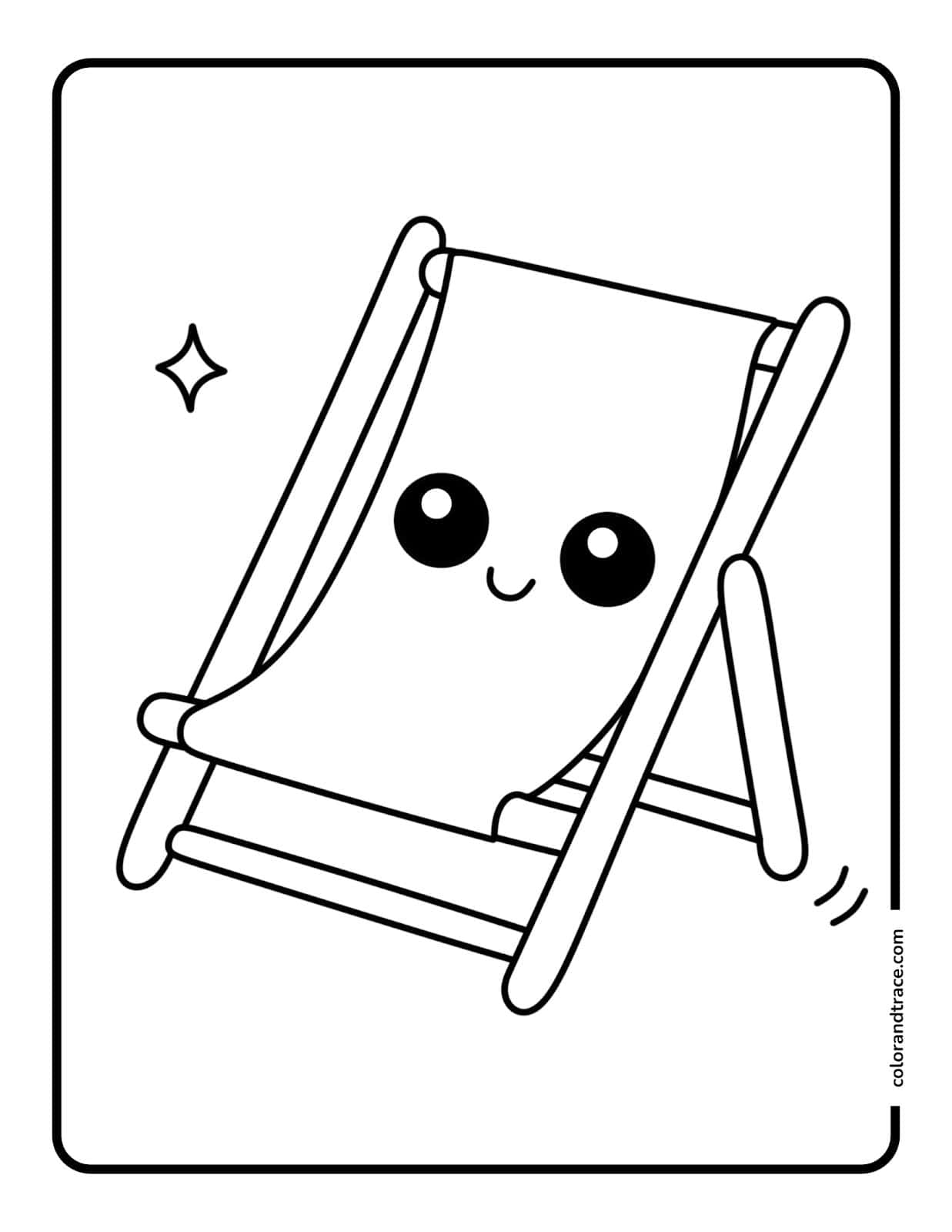 A smiling, kawaii-style beach chair with large round eyes and a small mouth on a folding frame inside a bordered coloring page.