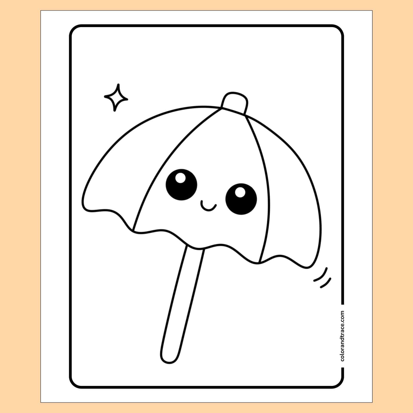 coloring page on a peach background: Cute smiling umbrella coloring page with large round eyes and simple bold outlines centered on a portrait sheet.