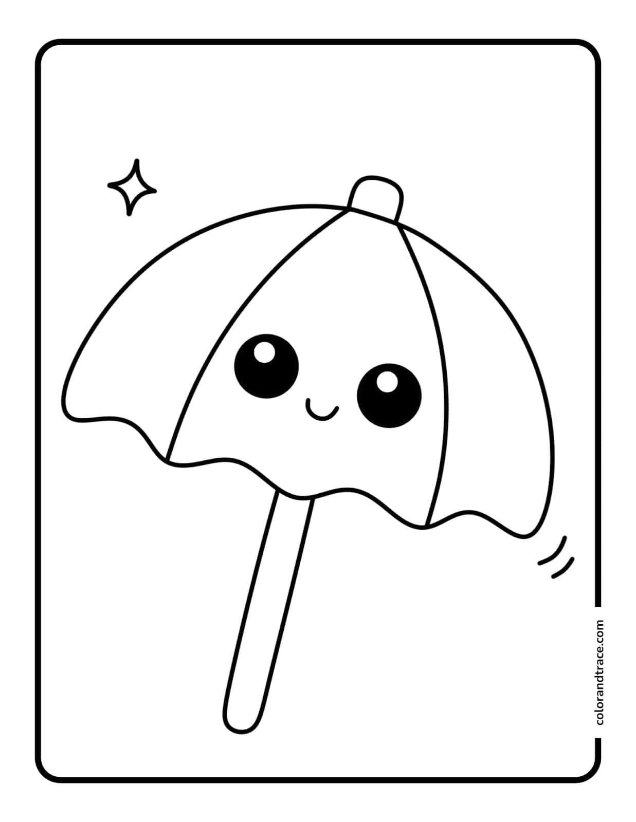 beach-umbrella-coloring-page Cute smiling umbrella coloring page with large round eyes and simple bold outlines centered on a portrait sheet.