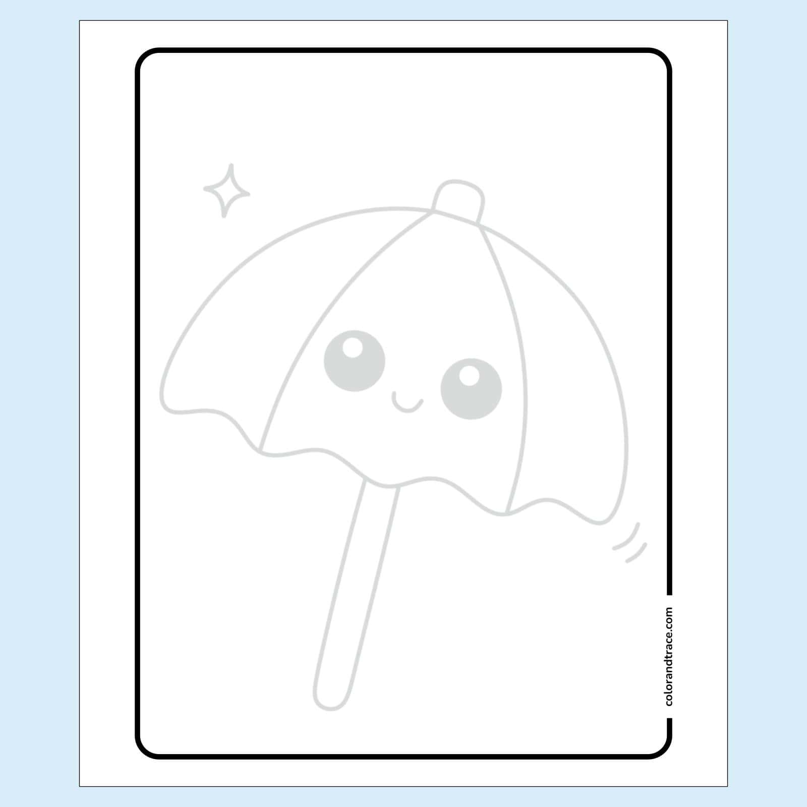 tracing page on a light blue background with a large rounded-rectangle frame containing a faint kawaii umbrella with smiling face and sparkles to trace.