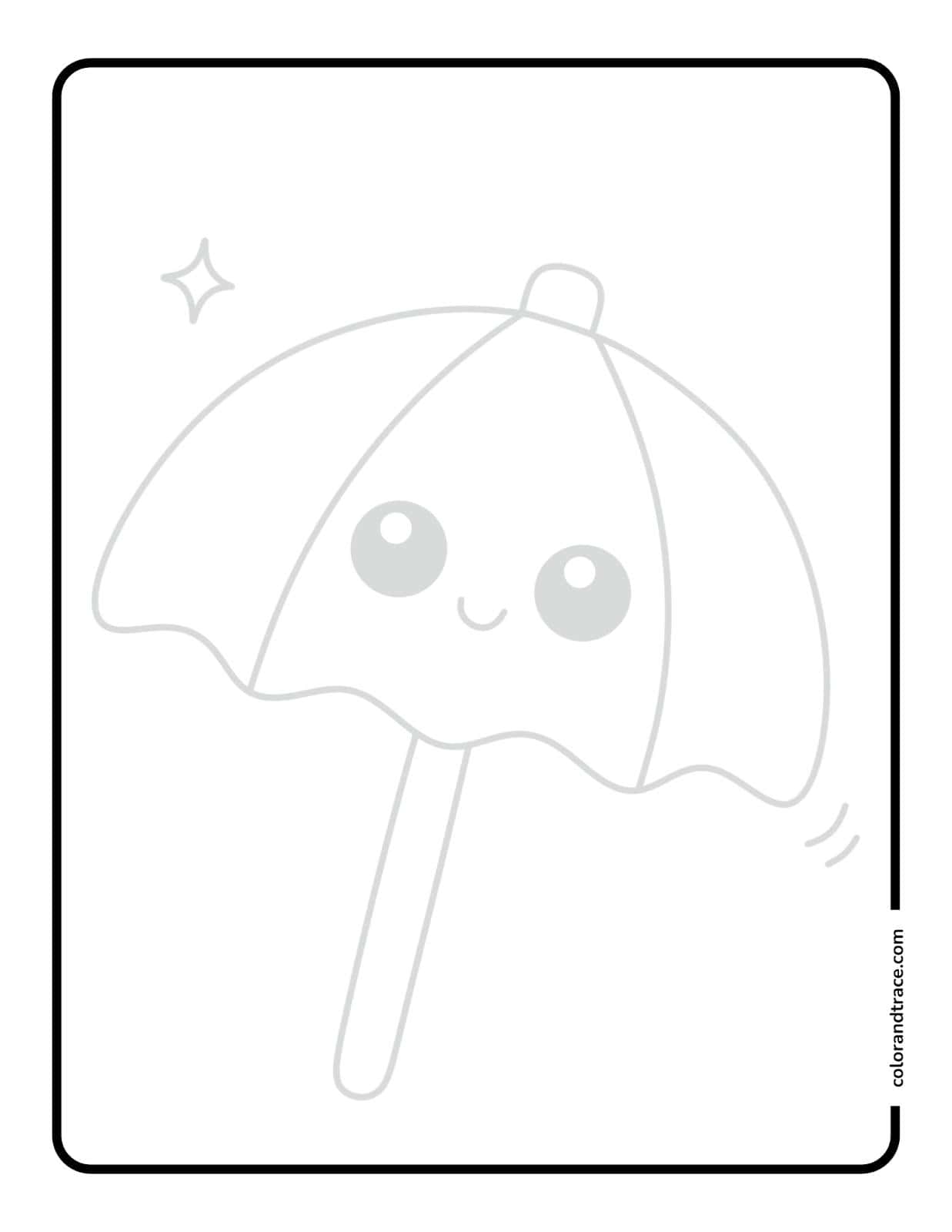 Simple tracing page with a large rounded-rectangle frame containing a faint kawaii umbrella with smiling face and sparkles to trace.