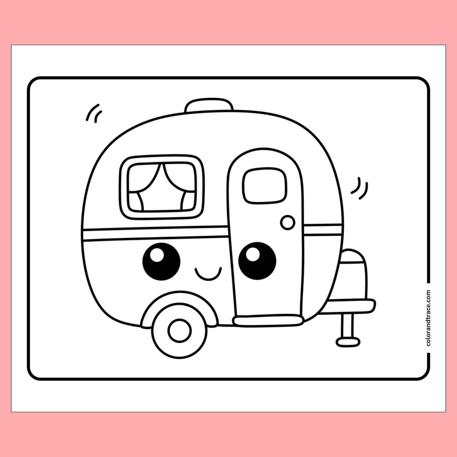 Preview of cute cartoon travel trailer coloring page with a smiling face, window with curtains, wheel and hitch centered on a white panel.
