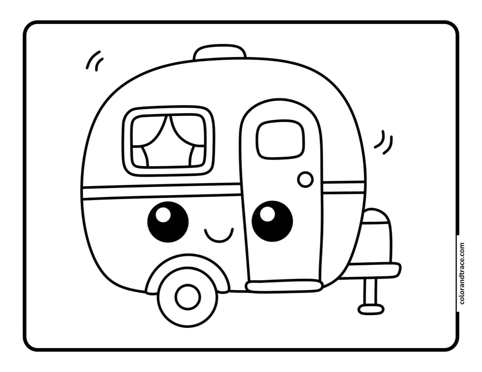 Cute cartoon travel trailer coloring page with a smiling face, window with curtains, wheel and hitch centered on a white panel.