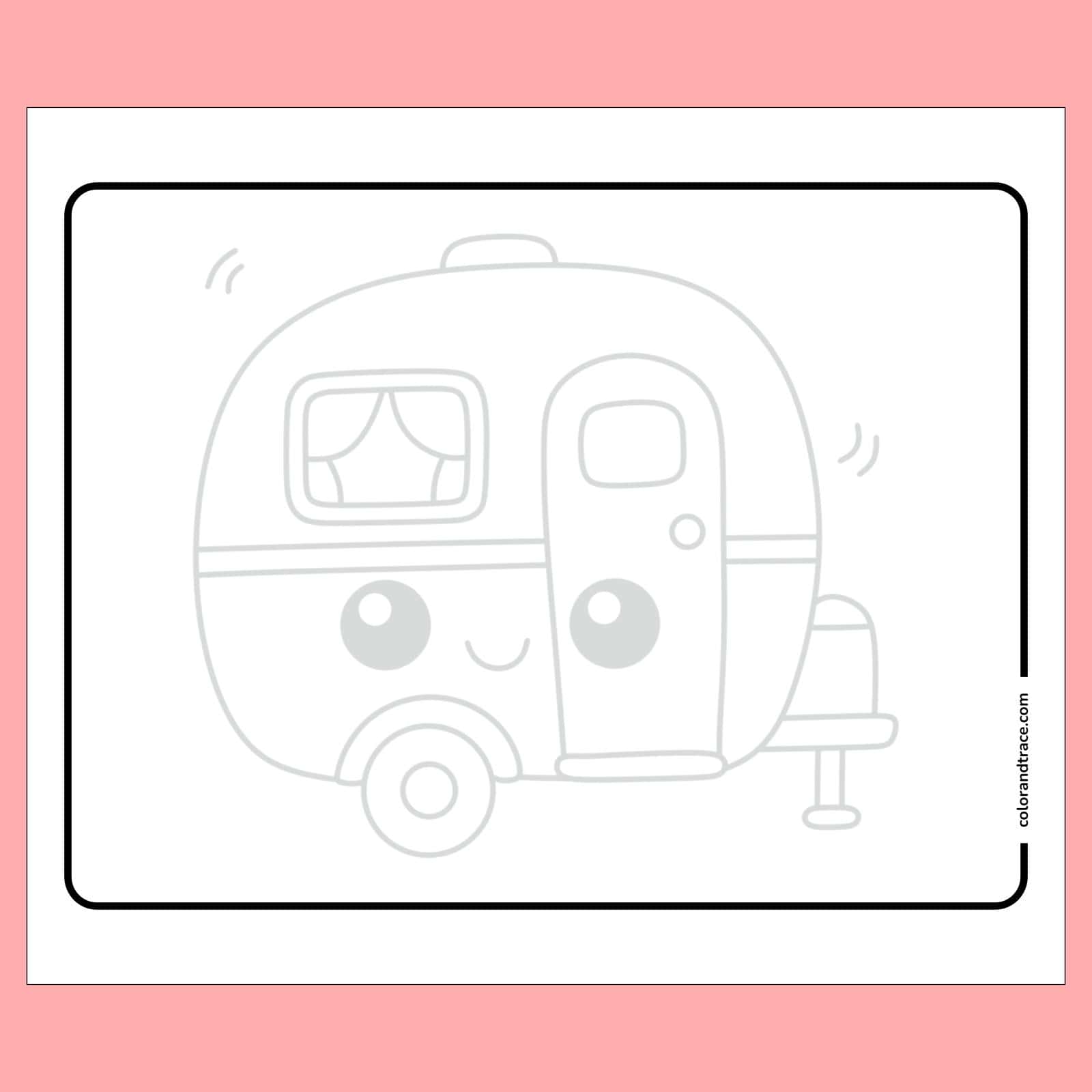 Preview of a simple tracing page showing a cute cartoon camper trailer with rounded window, door, wheel and hitch inside a thick rounded border.