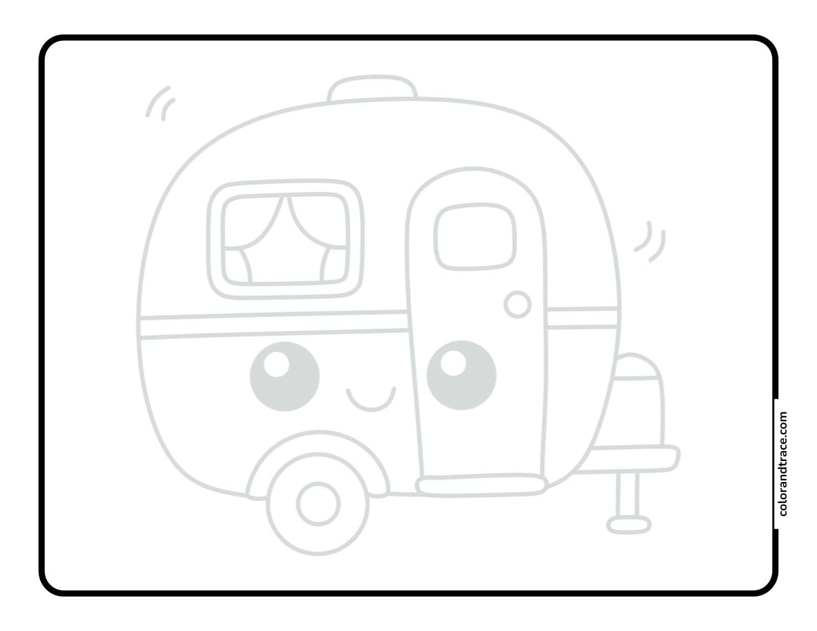 A simple tracing page showing a cute cartoon camper trailer with rounded window, door, wheel and hitch inside a thick rounded border.