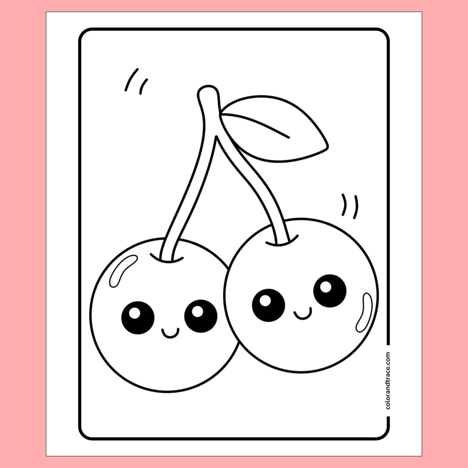 coloring page on a pink background: A black-and-white coloring page shows two smiling kawaii cherries with round eyes, joined stems and a single leaf inside a rounded rectangle frame.