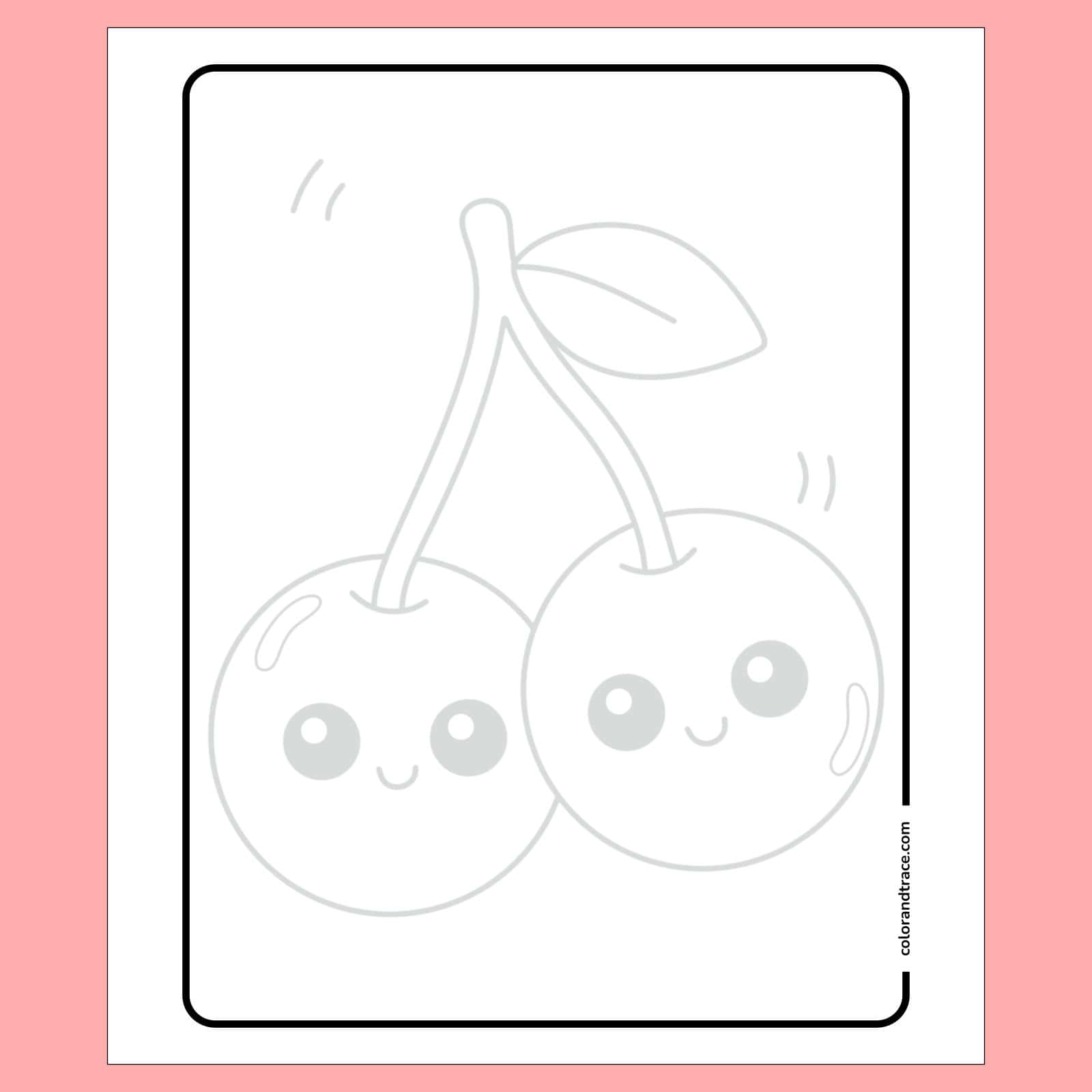 Preview of a centered tracing page showing two smiling cherries with stems, a leaf, and a rounded rectangular black border on a pink background.