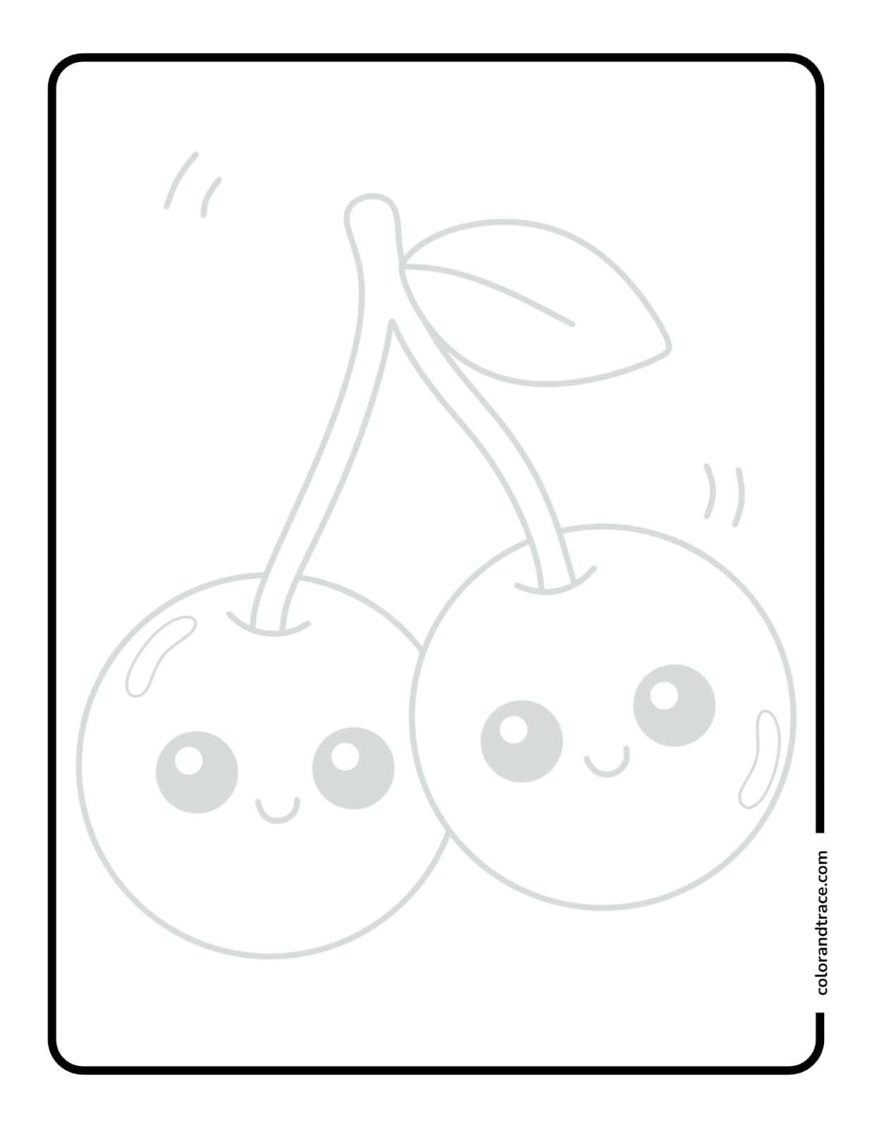 A centered tracing page showing two smiling cherries with stems, a leaf, and a rounded rectangular black border on a pink background.