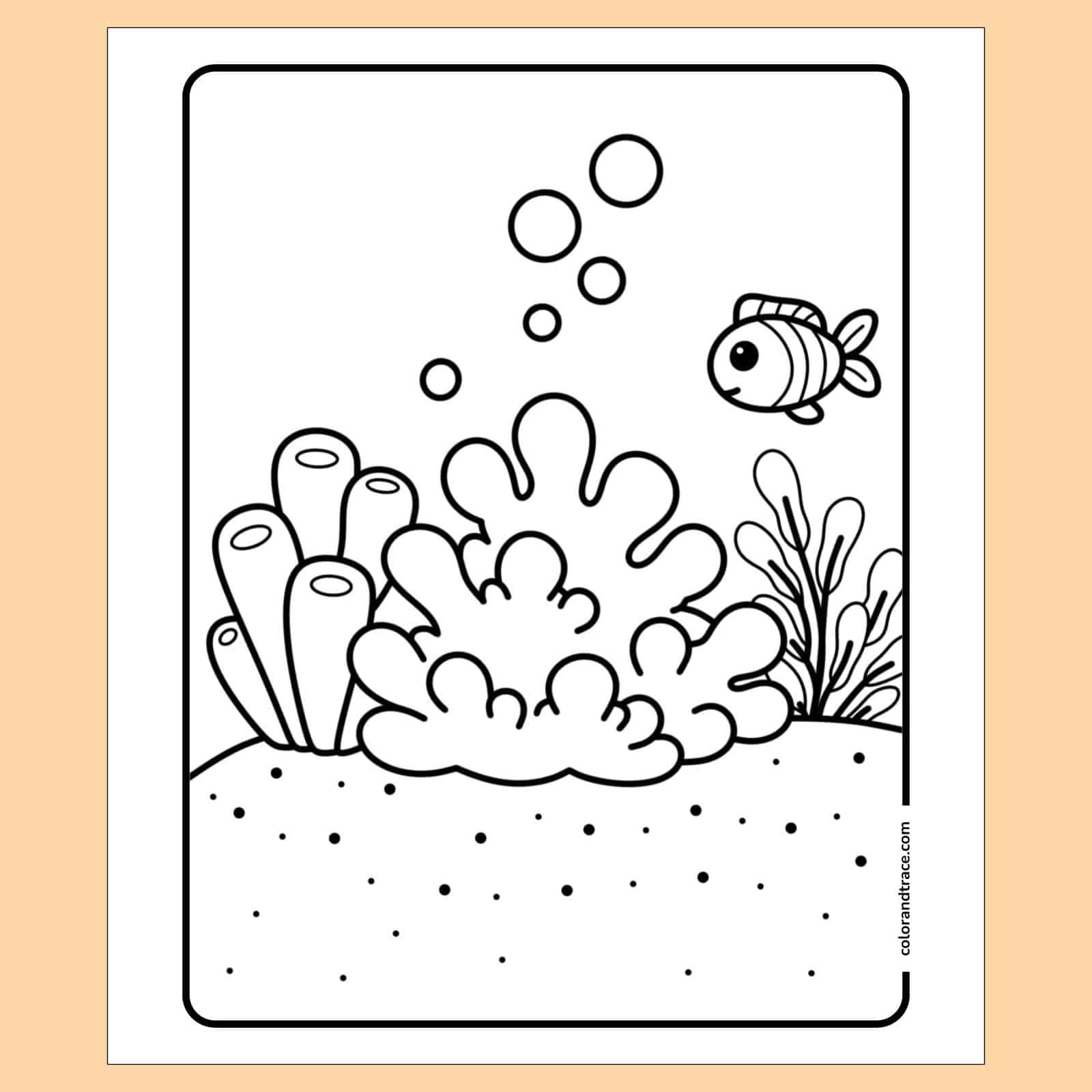 coloring page on a peach background showing coral reef with sea plants, sandy seabed, bubbles, and a small smiling fish.