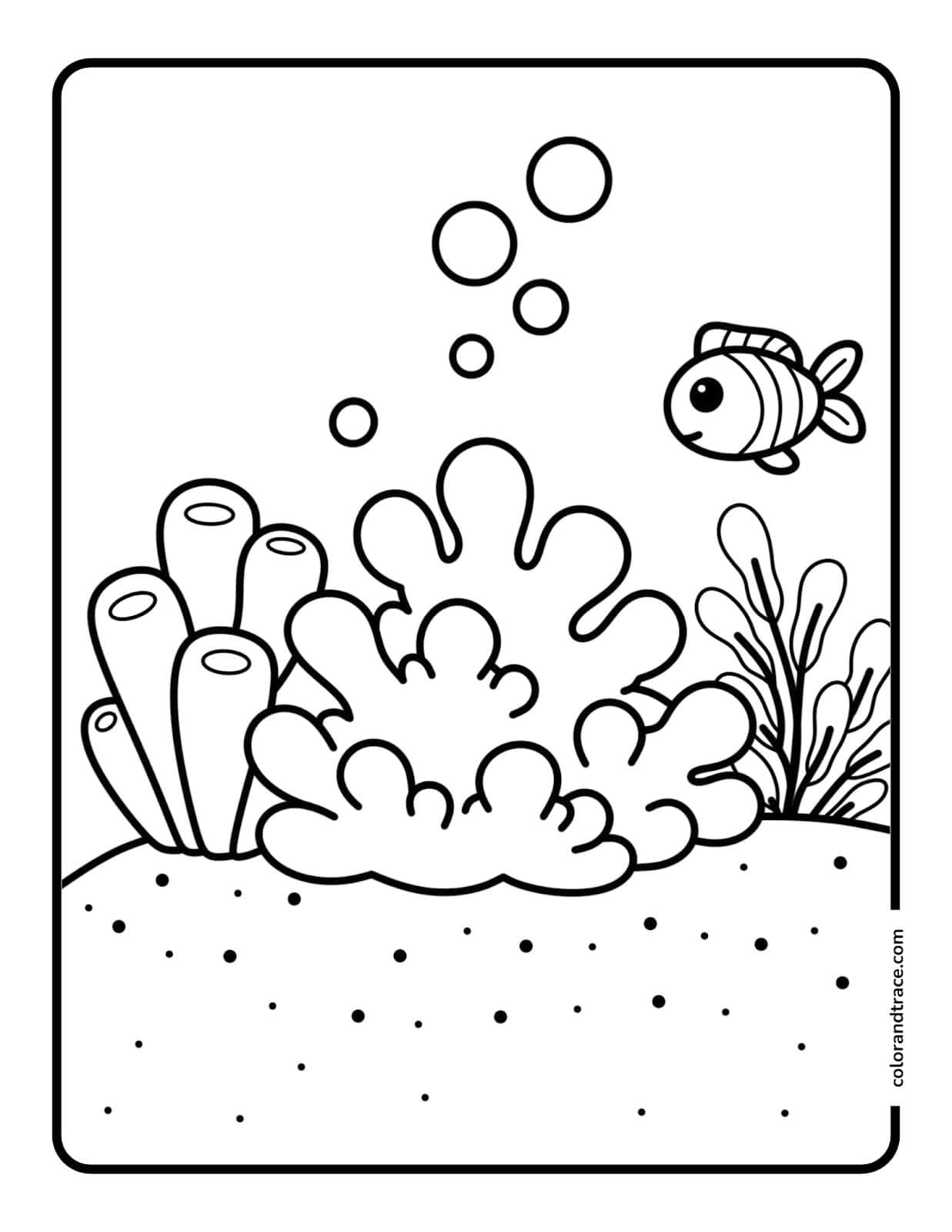 Black-and-white underwater coloring page showing coral reef, sea plants, sand with dots, bubbles rising, and a small smiling fish.