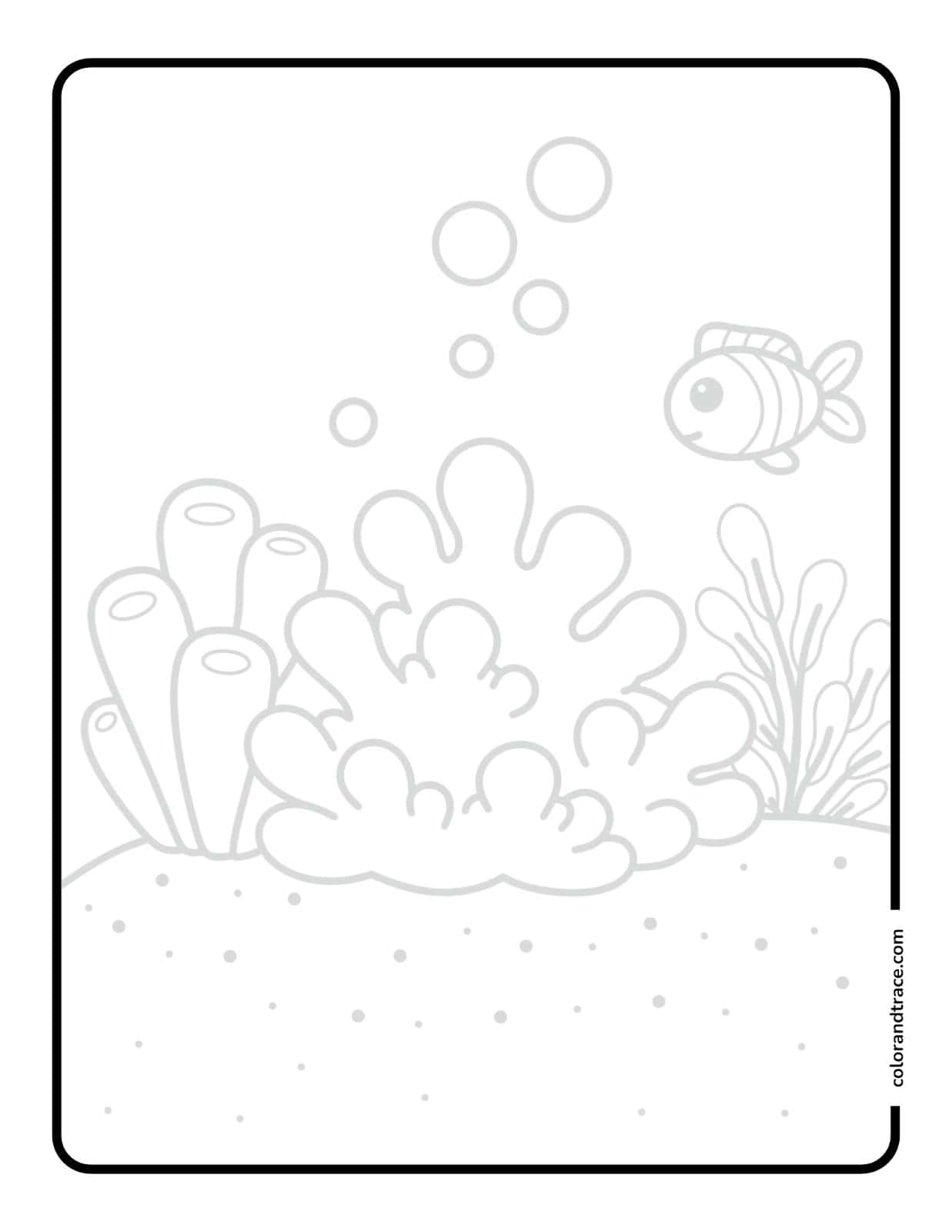 Black-and-white tracing page showing a simple underwater scene with coral, seaweed, bubbles, sandy seabed, and a small fish inside a rounded rectangular frame.