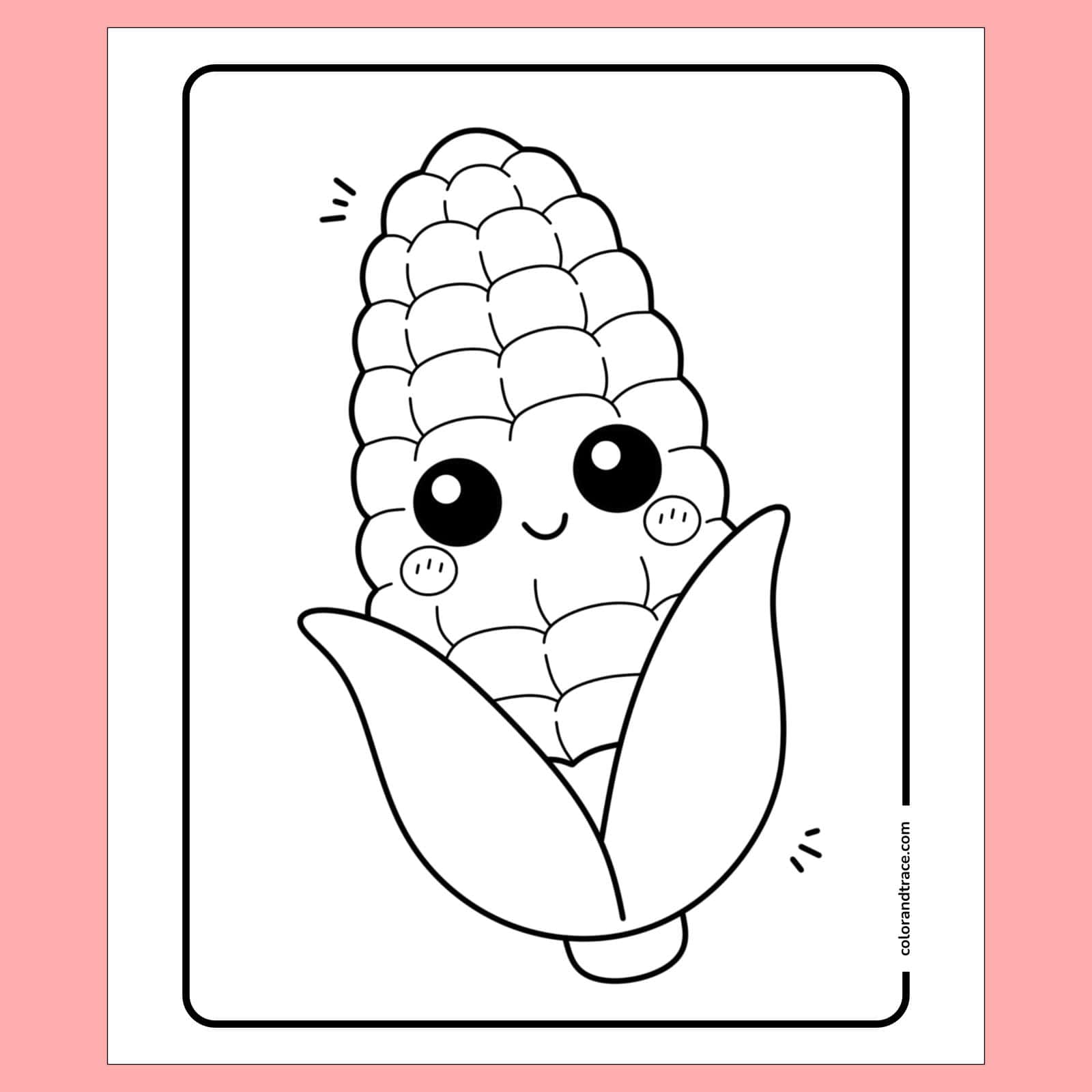 coloring page on a pink background: Cute cartoon ear of corn with big sparkling eyes, blushing cheeks, and partially peeled husks on a portrait-oriented coloring page.
