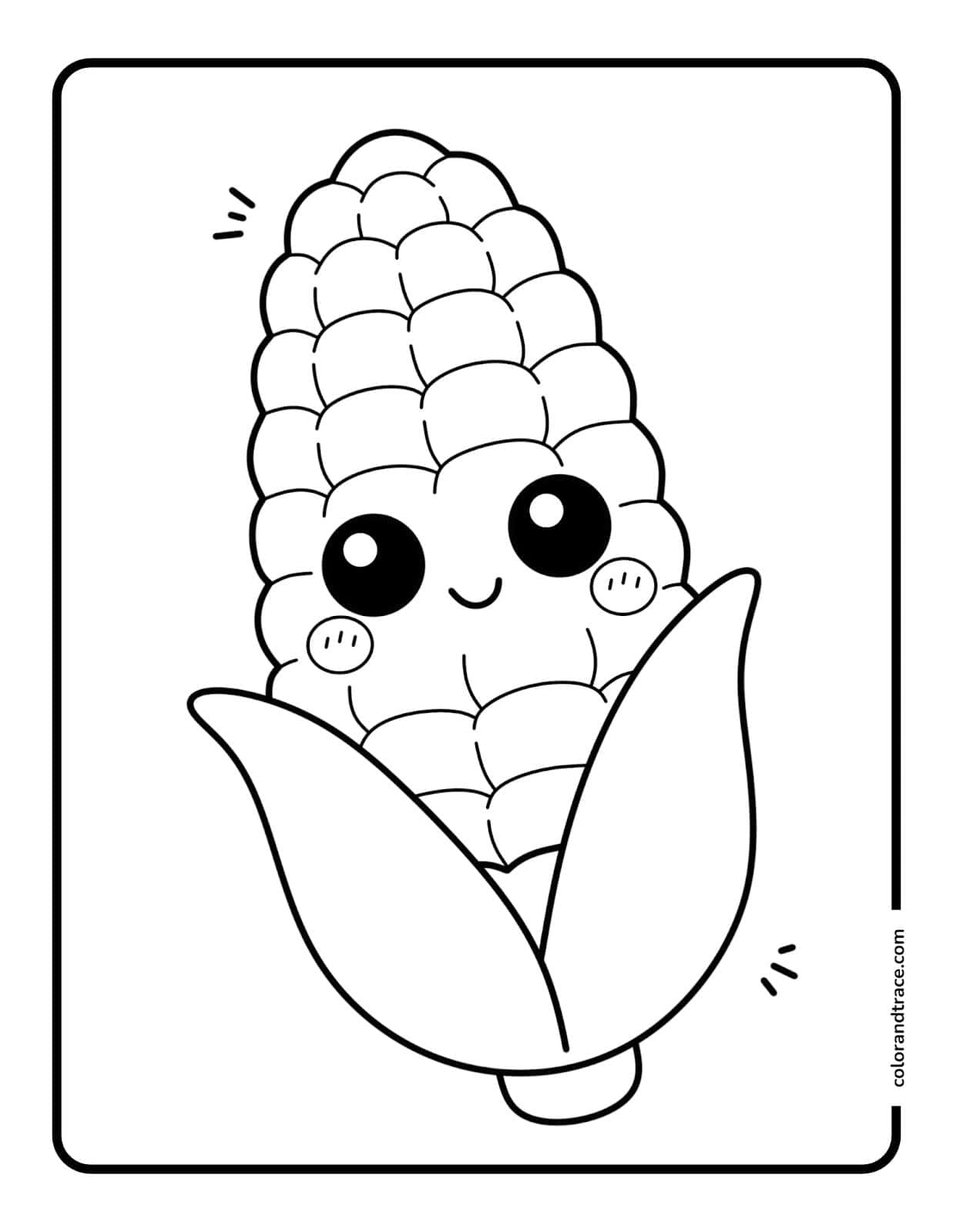 Cute cartoon ear of corn with big sparkling eyes, blushing cheeks, and partially peeled husks on a portrait-oriented coloring page.