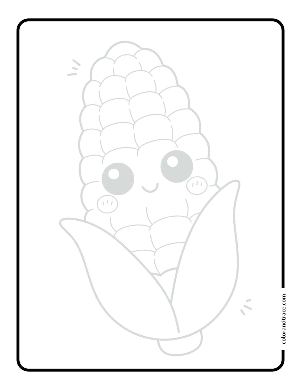 A simple tracing page showing a large kawaii-style ear of corn with smiling face, kernels and two husk leaves inside a rounded border.