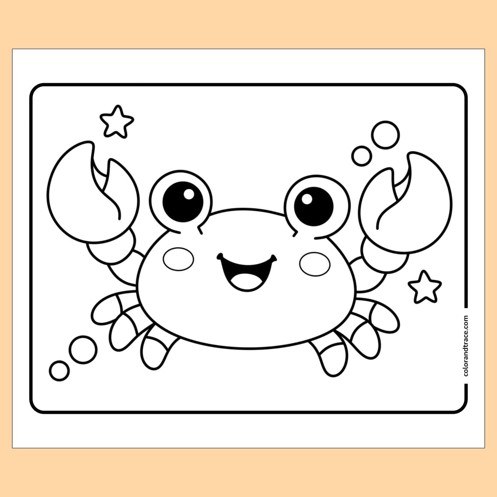 Preview of smiling cartoon crab with large eyes, raised claws, bubbles and stars on a peach background coloring page.