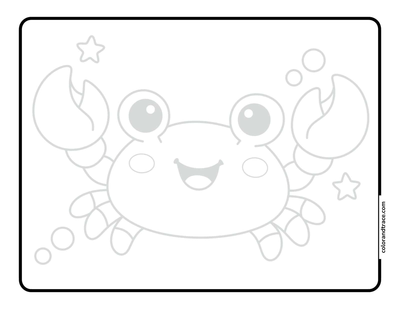 Large square tracing page with a thick rounded border on a pink background featuring a faint outline of a smiling cartoon crab with big eyes, claws, bubbles, and stars.