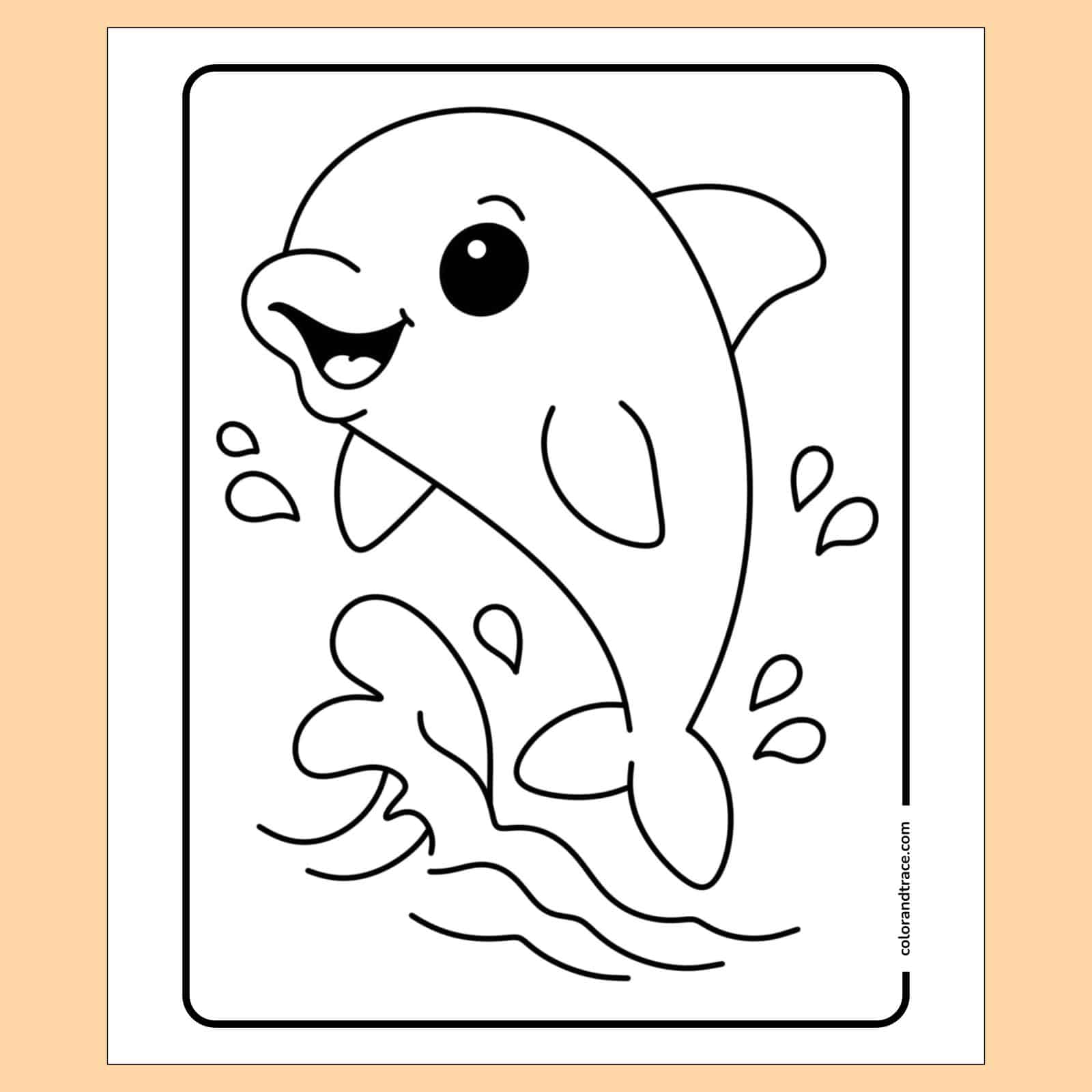 coloring page on a peach background: Cute cartoon dolphin leaping from stylized waves with water droplets and a rounded rectangular border for coloring.