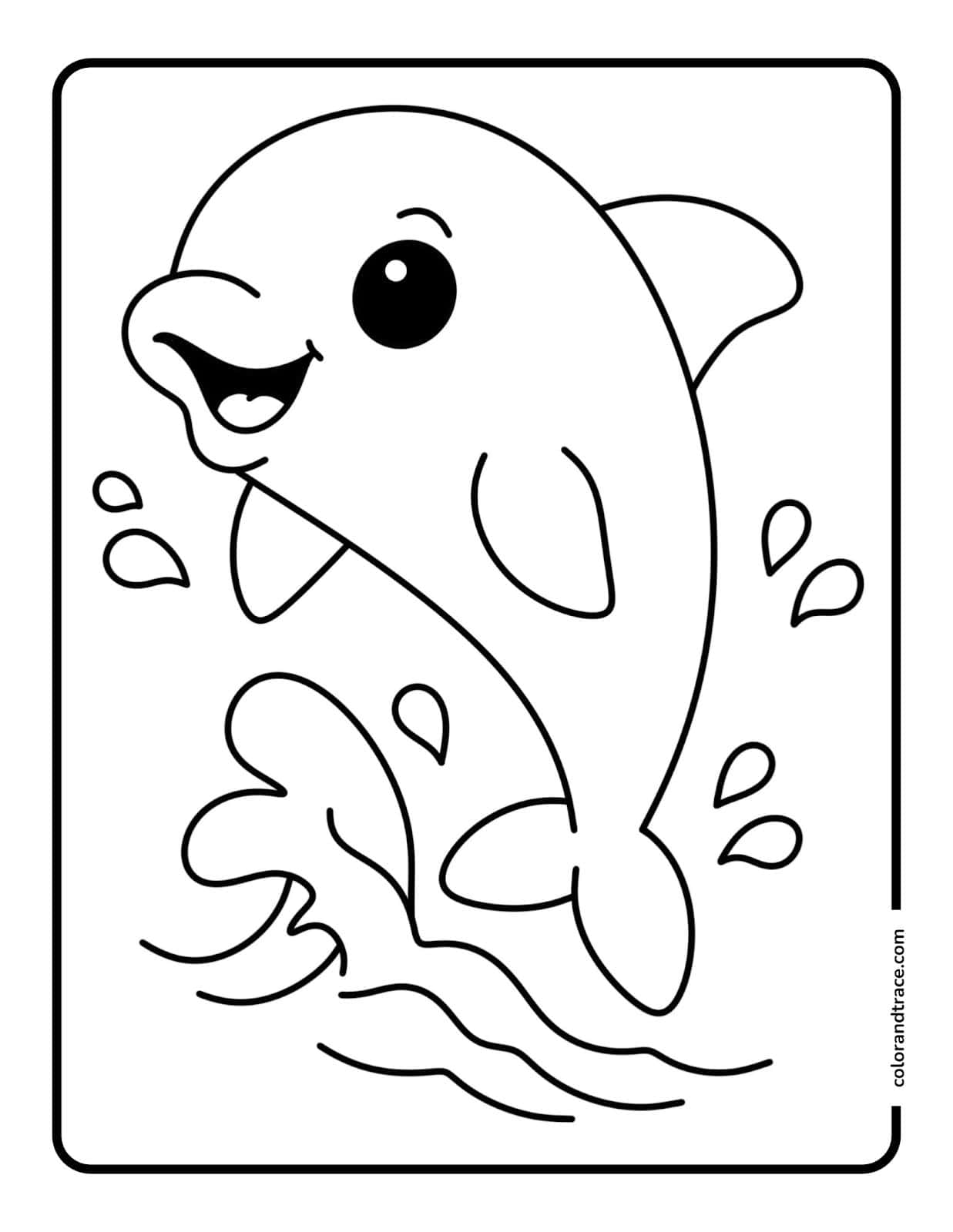 Cute cartoon dolphin leaping from stylized waves with water droplets and a rounded rectangular border for coloring.