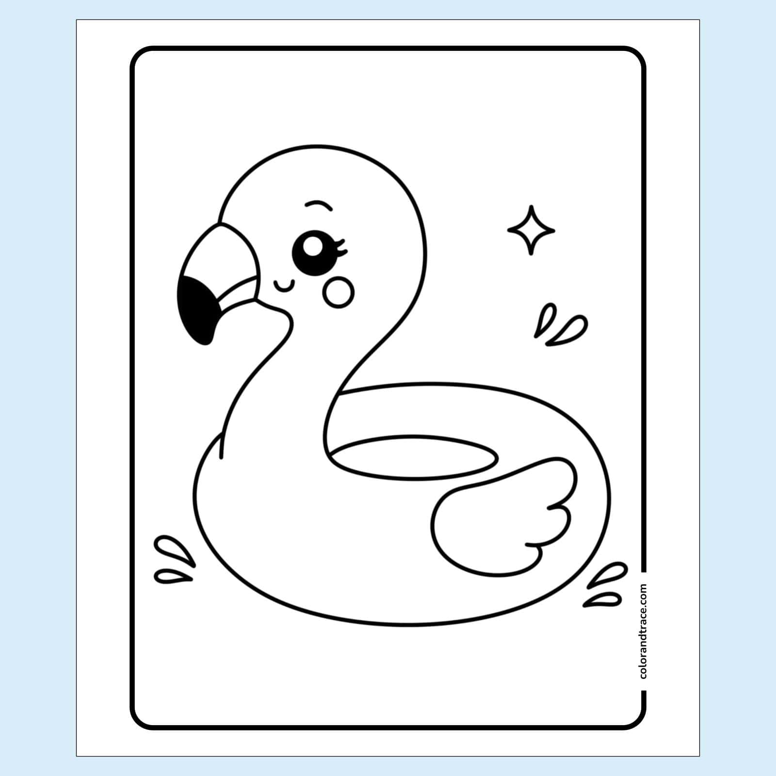 Preview of a cute outline coloring page of a smiling inflatable flamingo float with water splash accents on a light background.