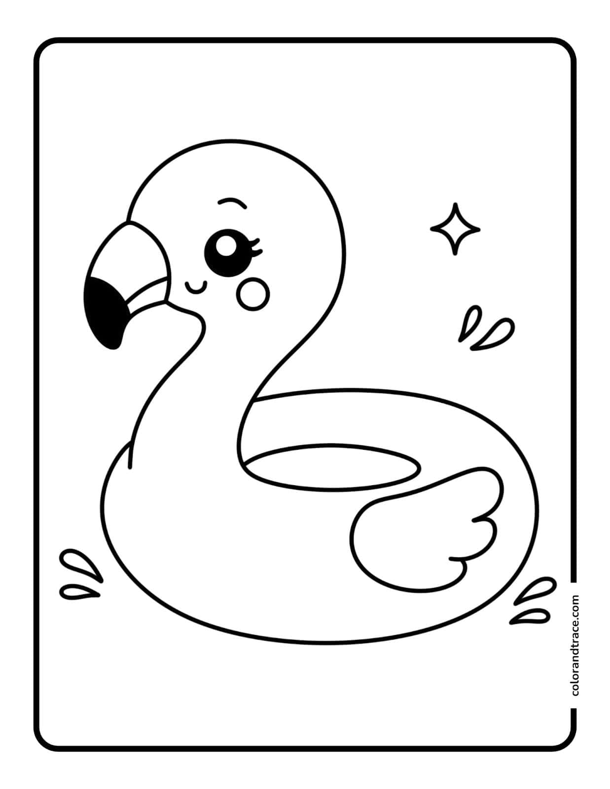 Cute outline coloring page of a smiling inflatable flamingo float with water splash accents inside a rounded rectangular frame.