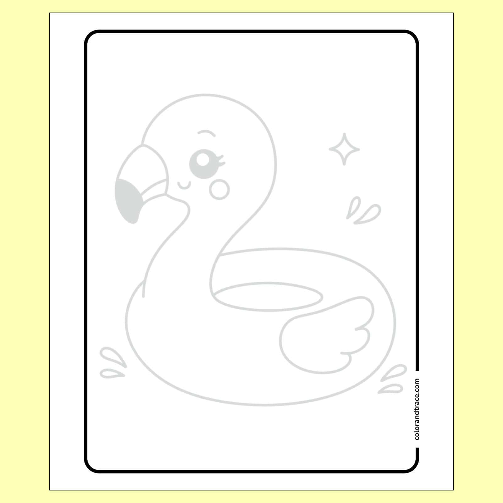 Preview of black outlined rectangular tracing page showing a large faint grey inflatable flamingo float with a smiling face and decorative water splashes.