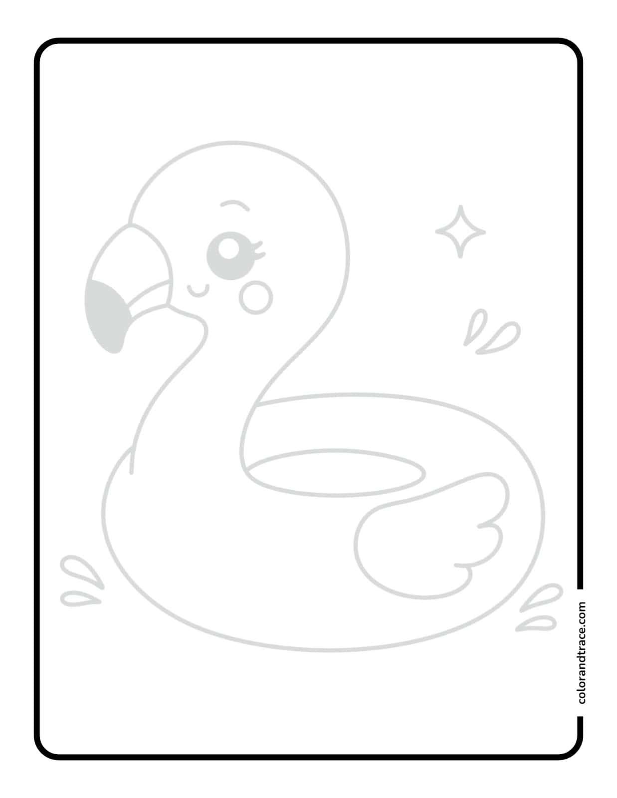 Black outlined rectangular tracing page showing a large faint grey inflatable flamingo float with a smiling face and decorative water splashes.