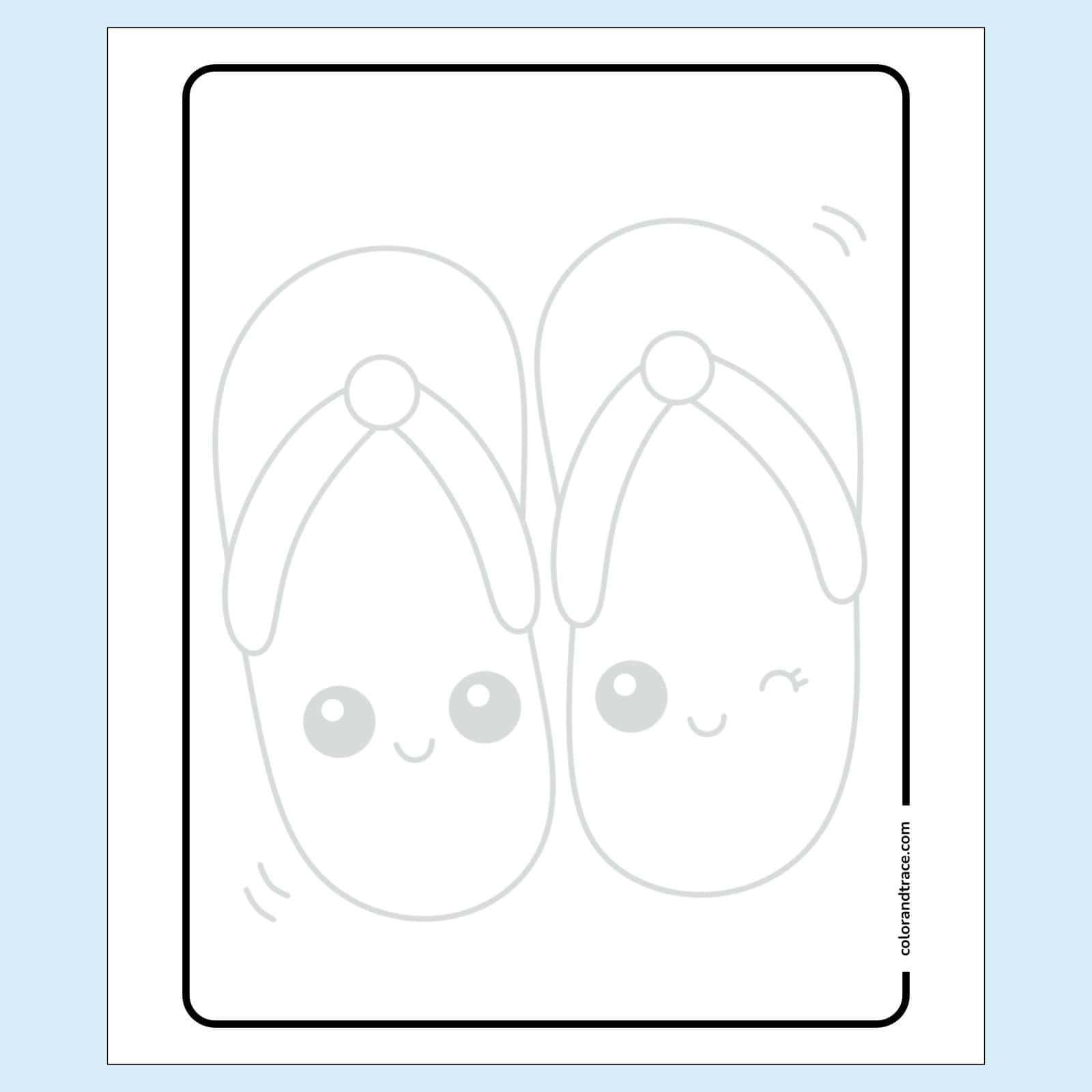 Preview of black-and-white tracing page showing two cute kawaii flip-flops with smiling faces inside a rounded rectangle border on a light background.