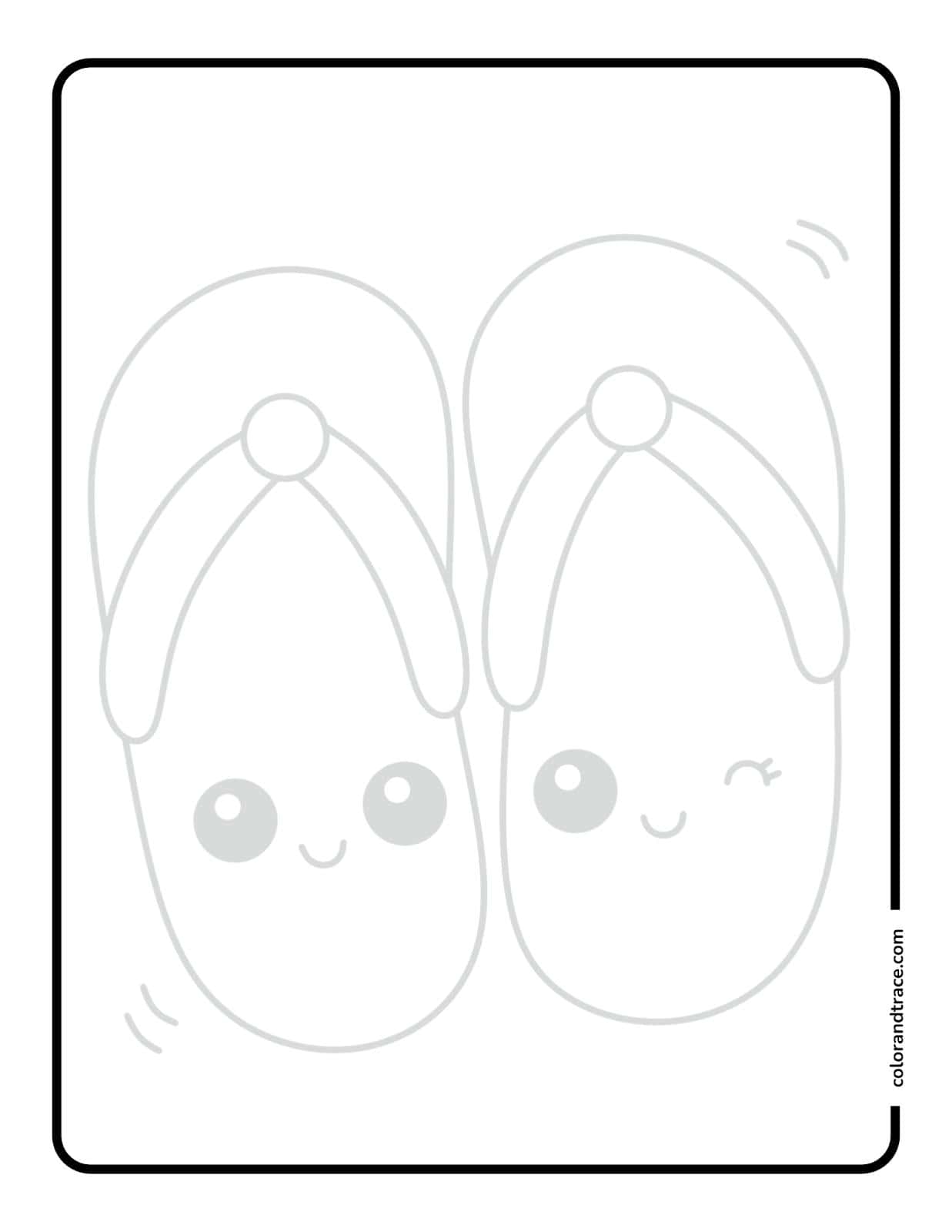 Black line border framing a pale gray tracing page showing two large kawaii-style flip-flop sandals with smiling faces and straps, centered on a white sheet.